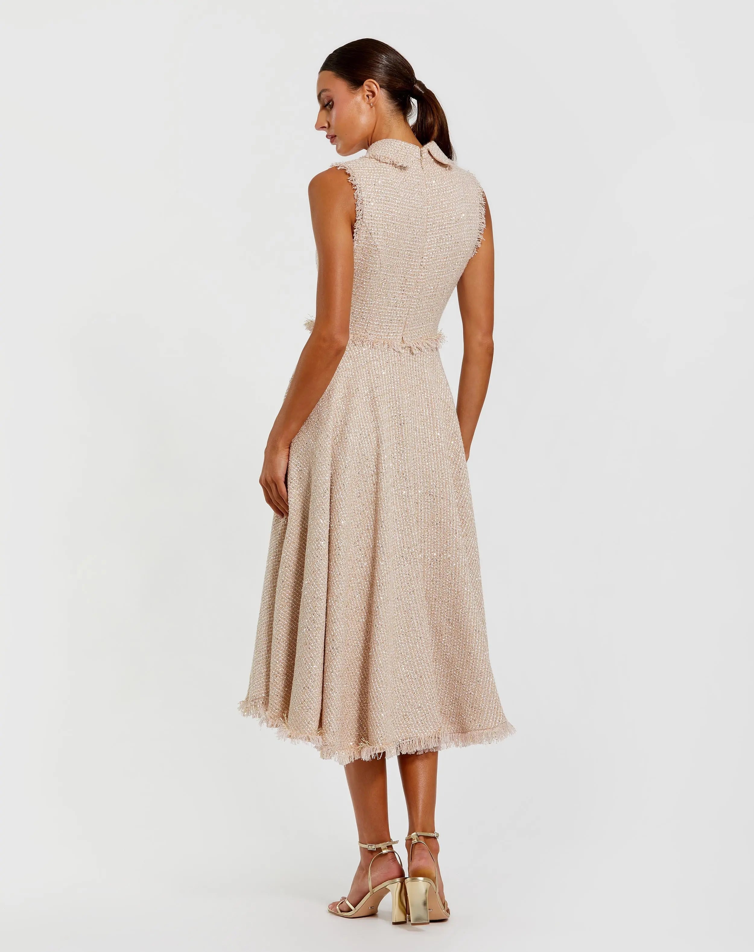 Pink Bouclé Sleeveless Collared Button Up Midi Dress - Ieena for Mac Duggal