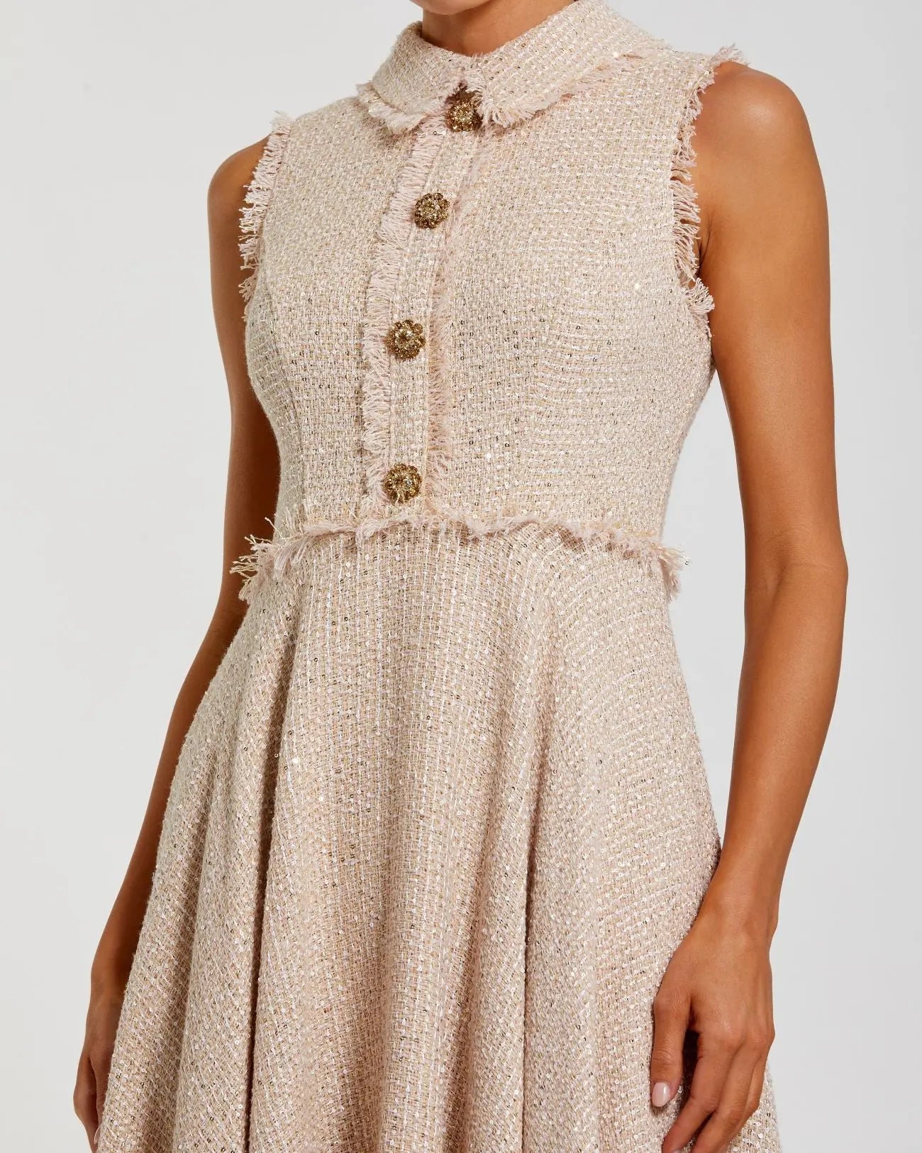 Pink Boucle Sleeveless Collared Button Up Midi Dress Ieena for Mac Duggal