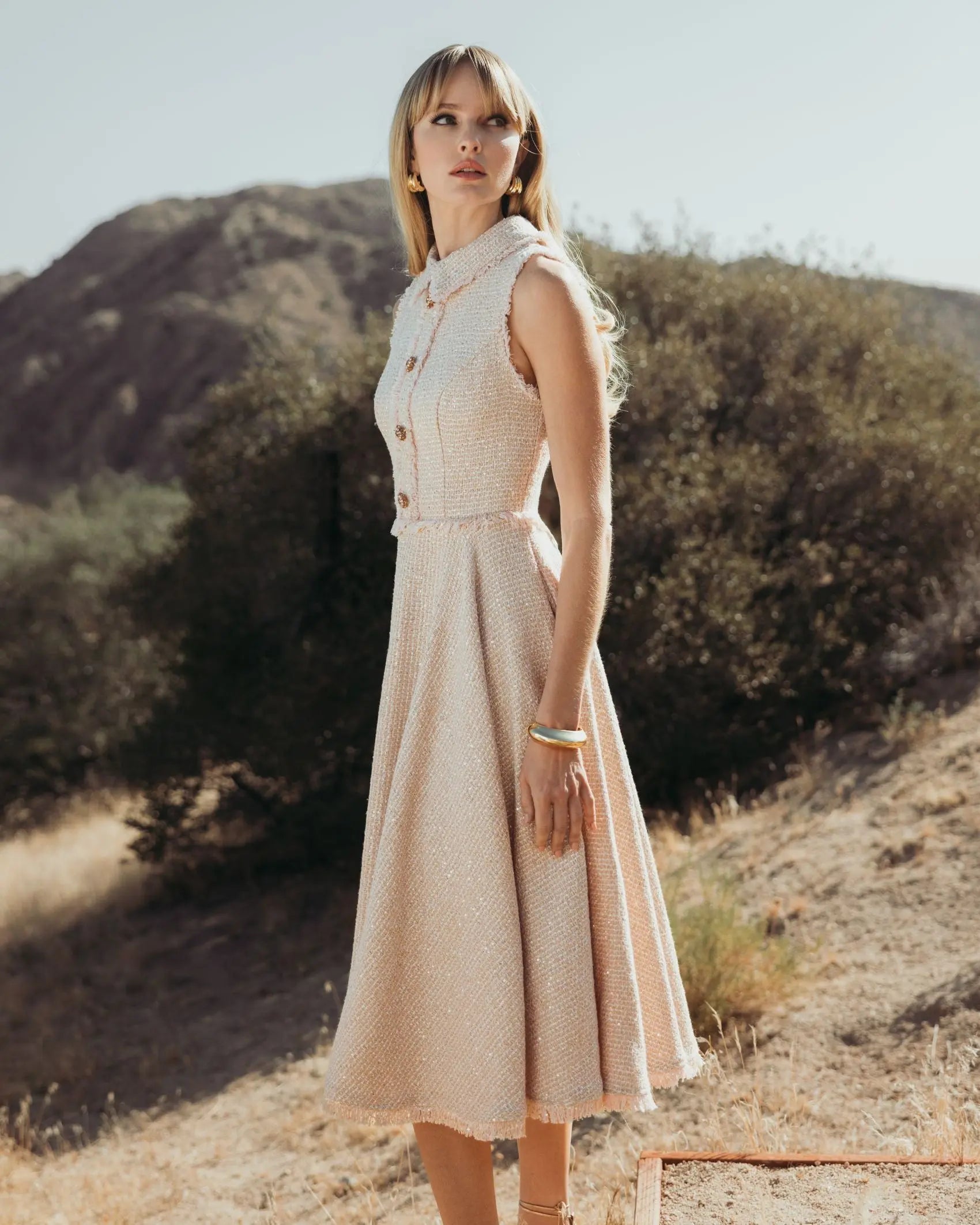 Pink Boucle Sleeveless Collared Button Up Midi Dress | Mac Duggal Pink Boucle Sleeveless Collared Button Up Midi Dress | Mac Duggal