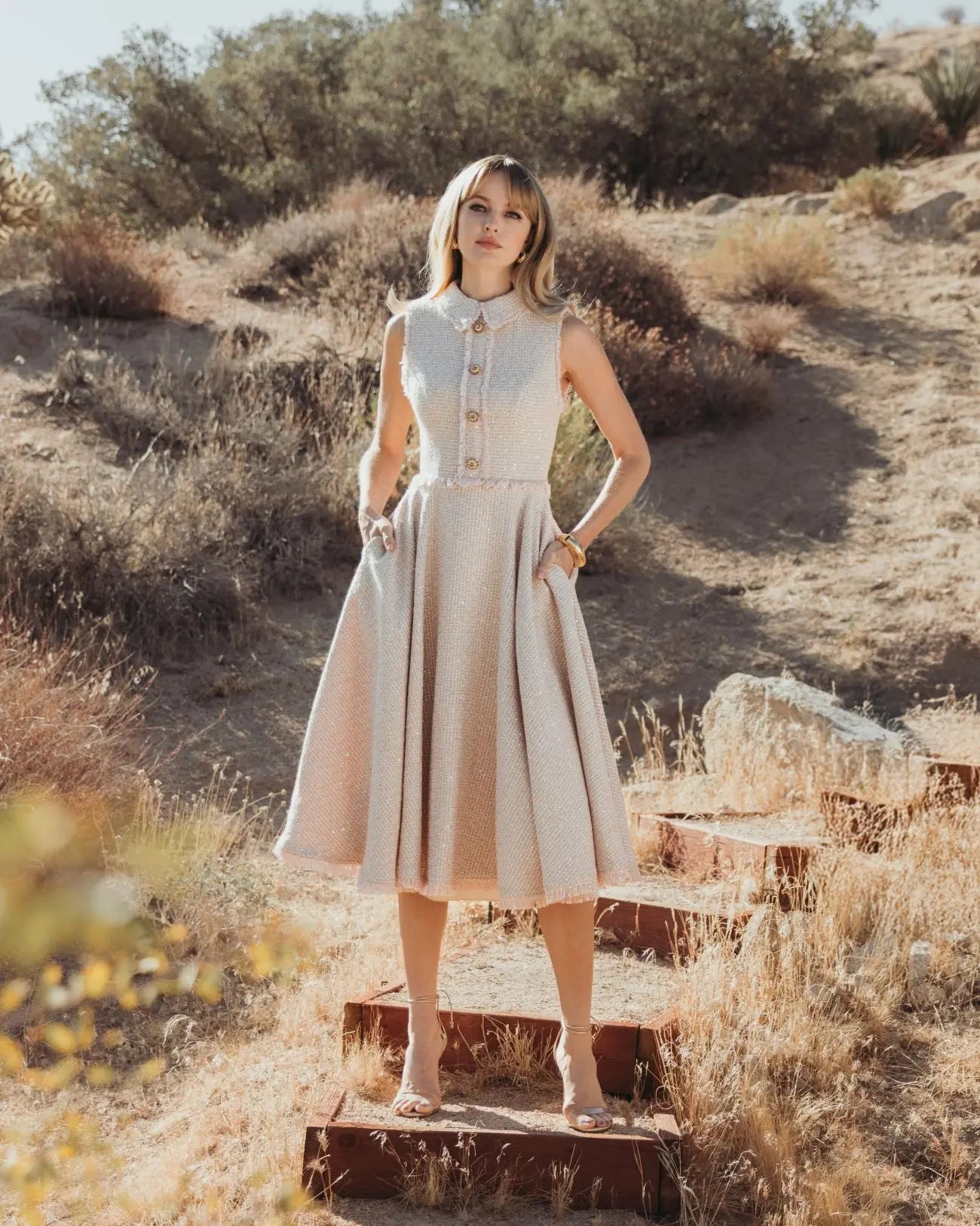 Pink Bouclé Sleeveless Collared Button Up Midi Dress - Ieena for Mac Duggal