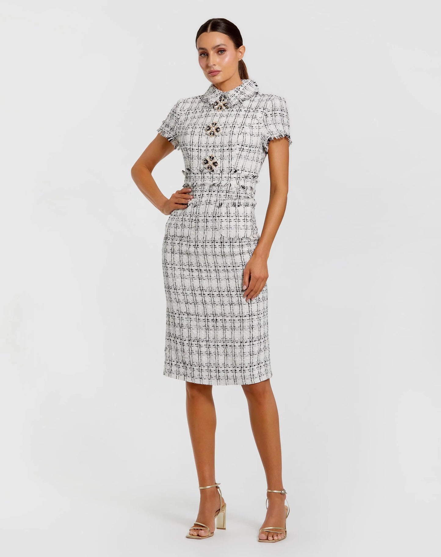 White Fitted Boucle Short Sleeve Button Up Midi Dress | Mac Duggal White Fitted Boucle Short Sleeve Button Up Midi Dress | Mac Duggal