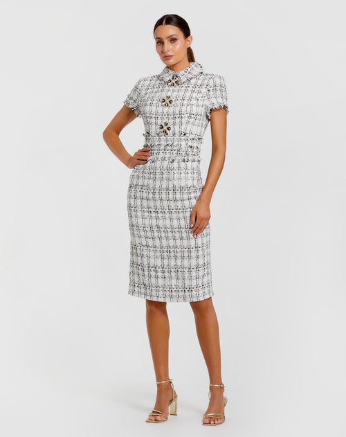 White Fitted Bouclé Short Sleeve Button Up Midi Dress - Ieena for Mac Duggal