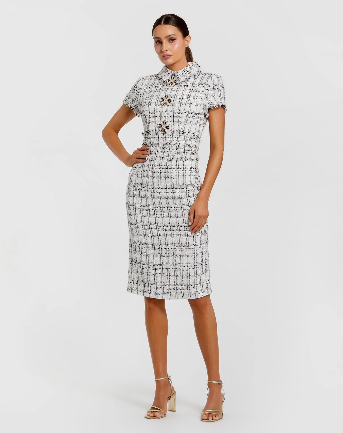 White Fitted Boucle Short Sleeve Button Up Midi Dress | Mac Duggal White Fitted Boucle Short Sleeve Button Up Midi Dress | Mac Duggal