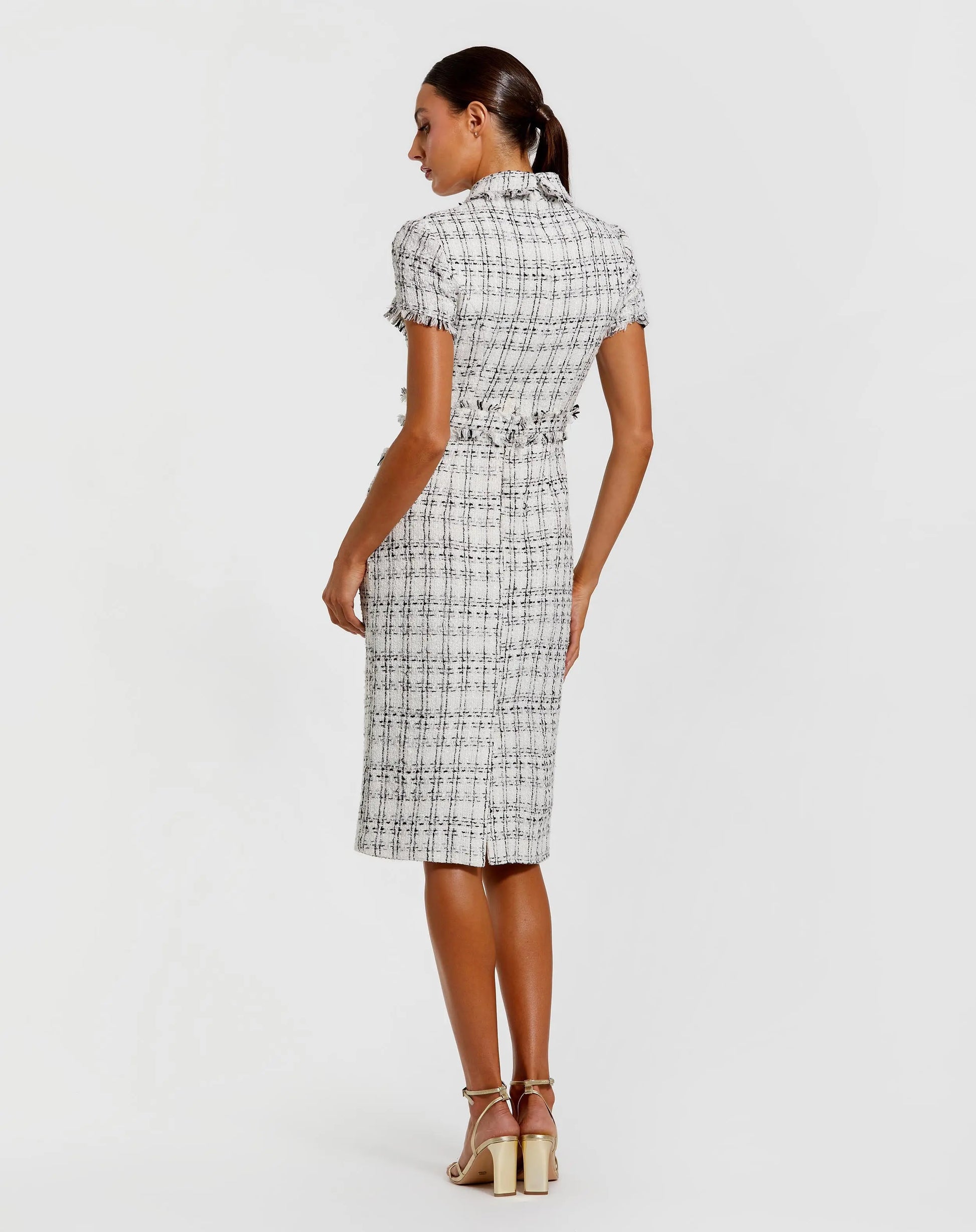 White Fitted Boucle Short Sleeve Button Up Midi Dress | Mac Duggal White Fitted Boucle Short Sleeve Button Up Midi Dress | Mac Duggal