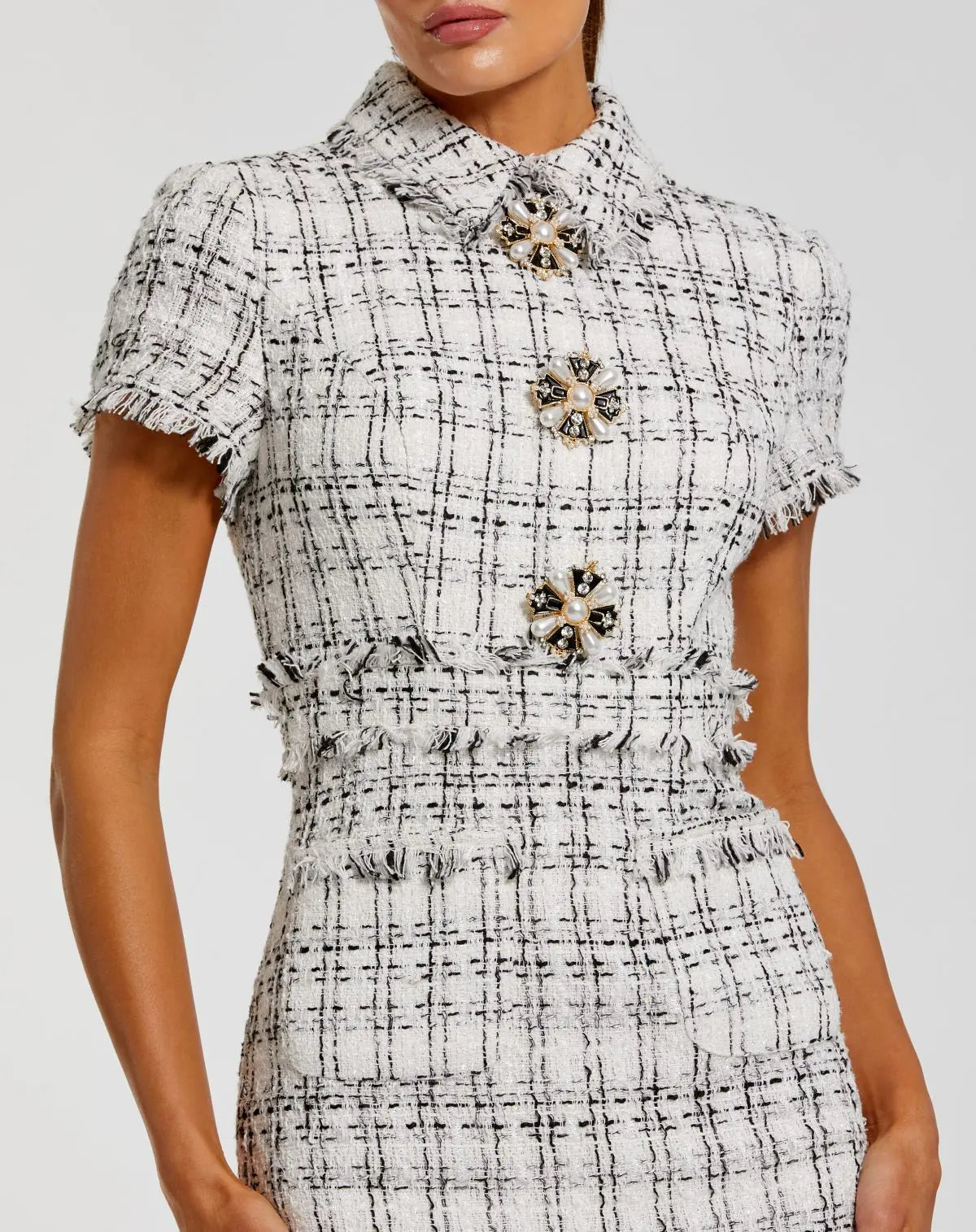 Mac Duggal Fitted Boucle Button-up Midi Dress - Ivory Mac Duggal Fitted Boucle Button-up Midi Dress - Ivory