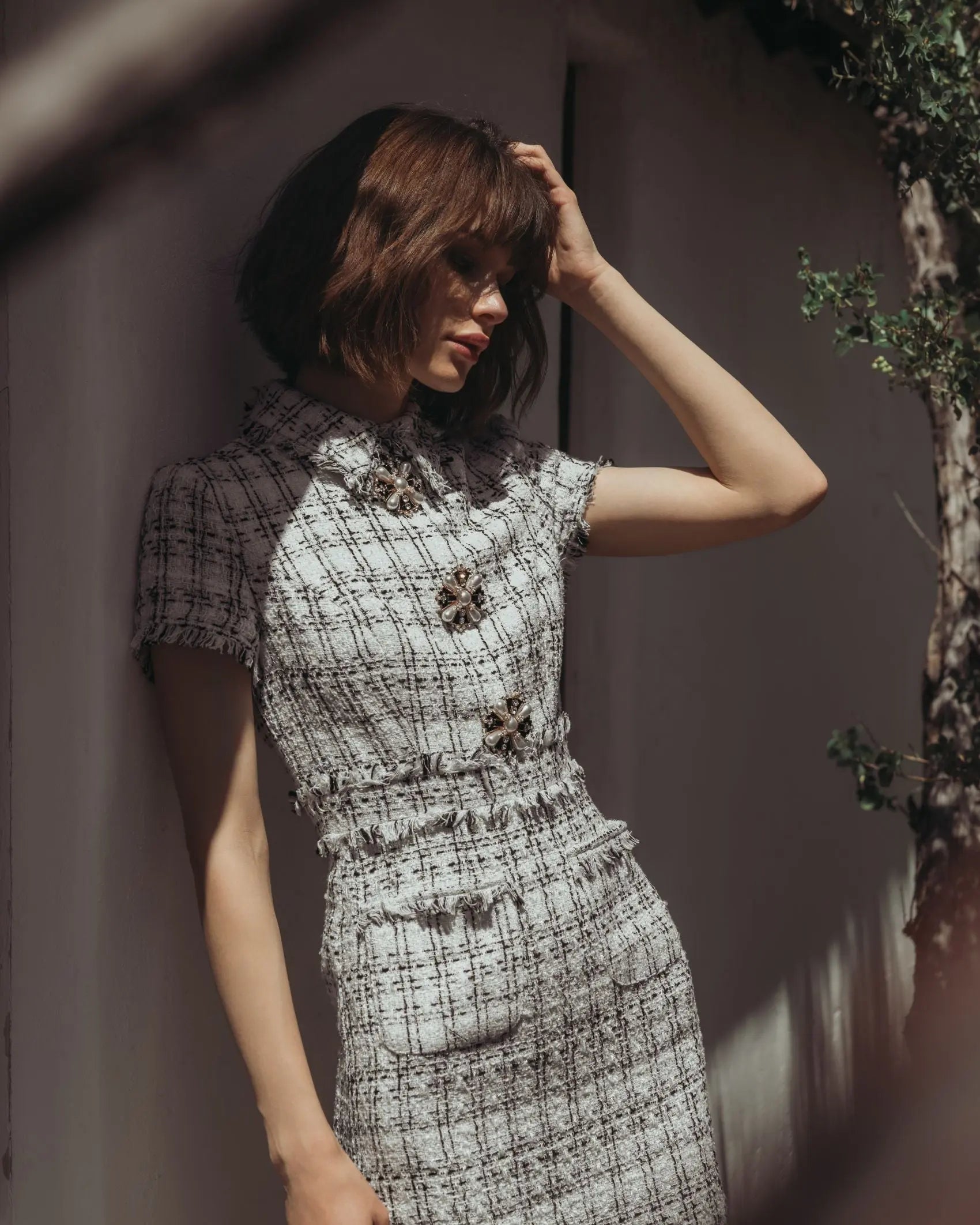 White Fitted Bouclé Short Sleeve Button Up Midi Dress - Ieena for Mac Duggal