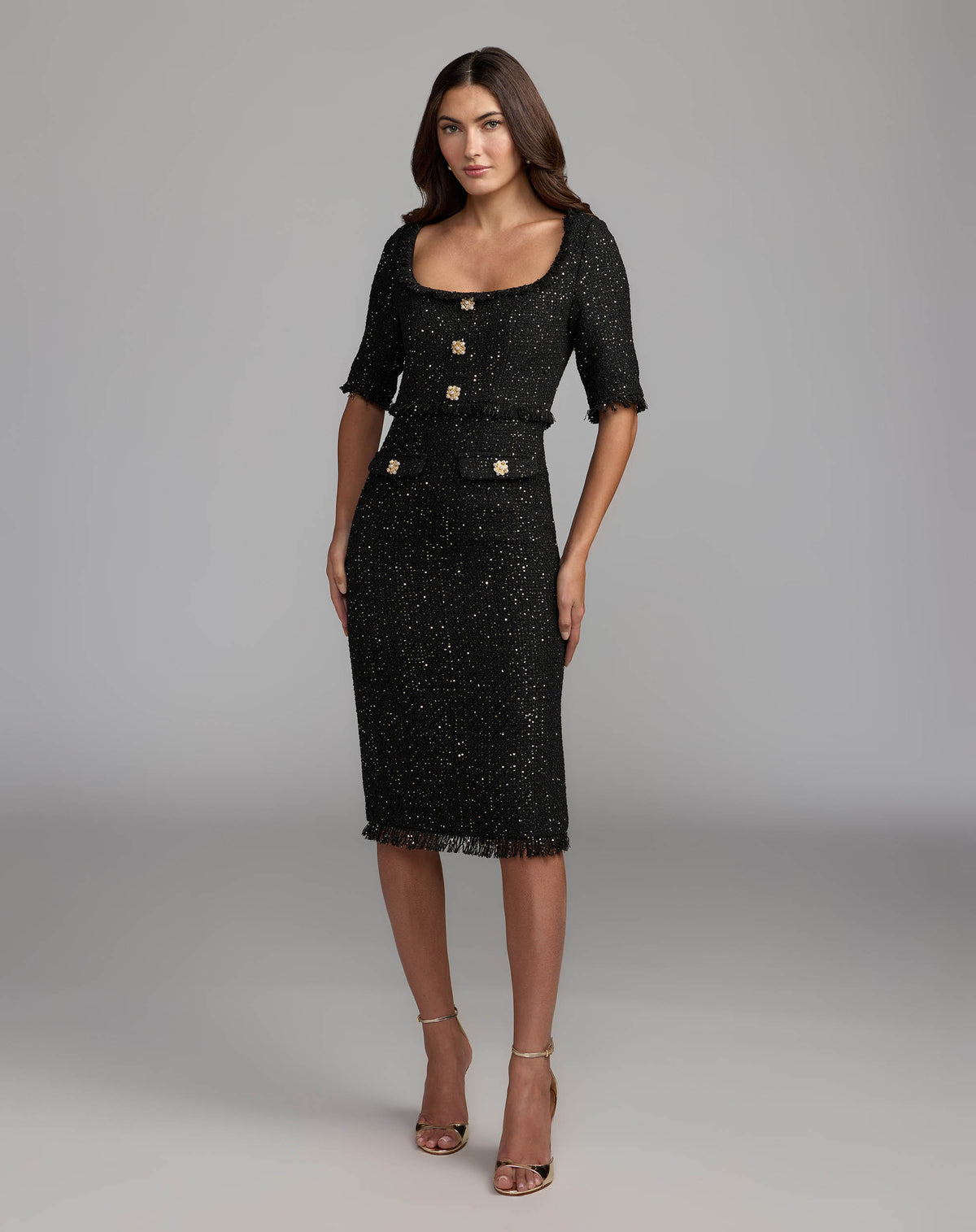 Black Sequin Bouclé Midi Dress Mac Duggal