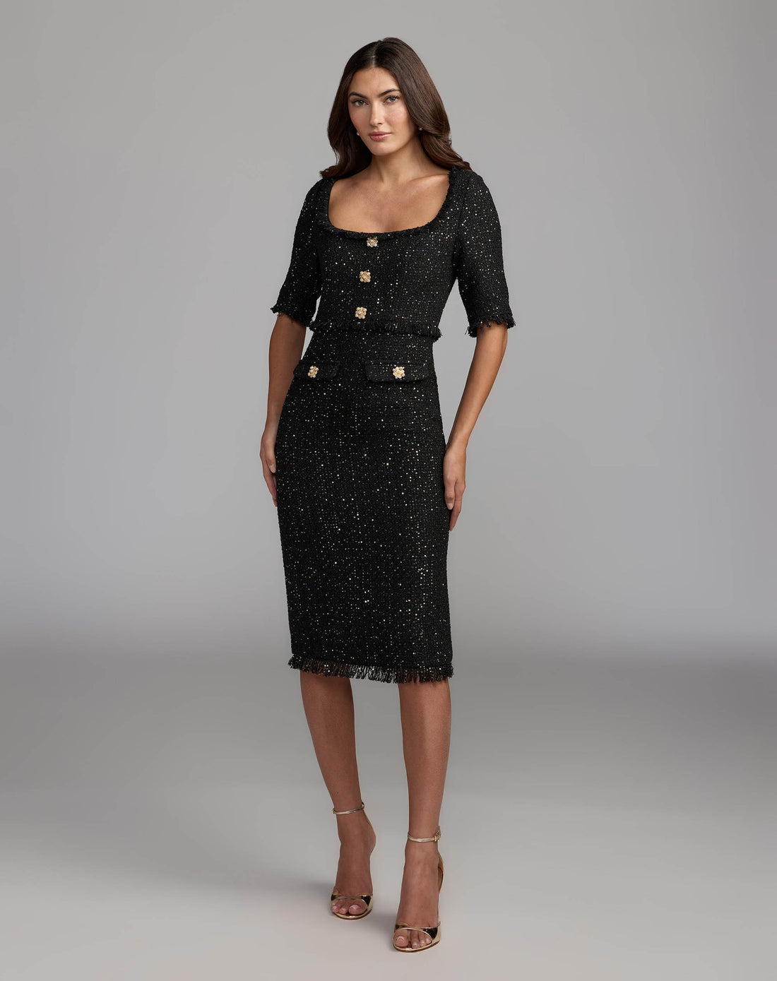 Black Sequin Bouclé Midi Dress Mac Duggal