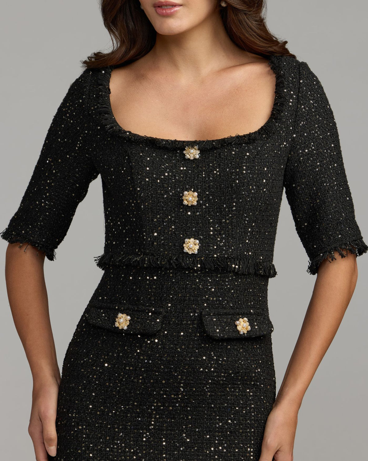 Black Sequin Bouclé Midi Dress Mac Duggal