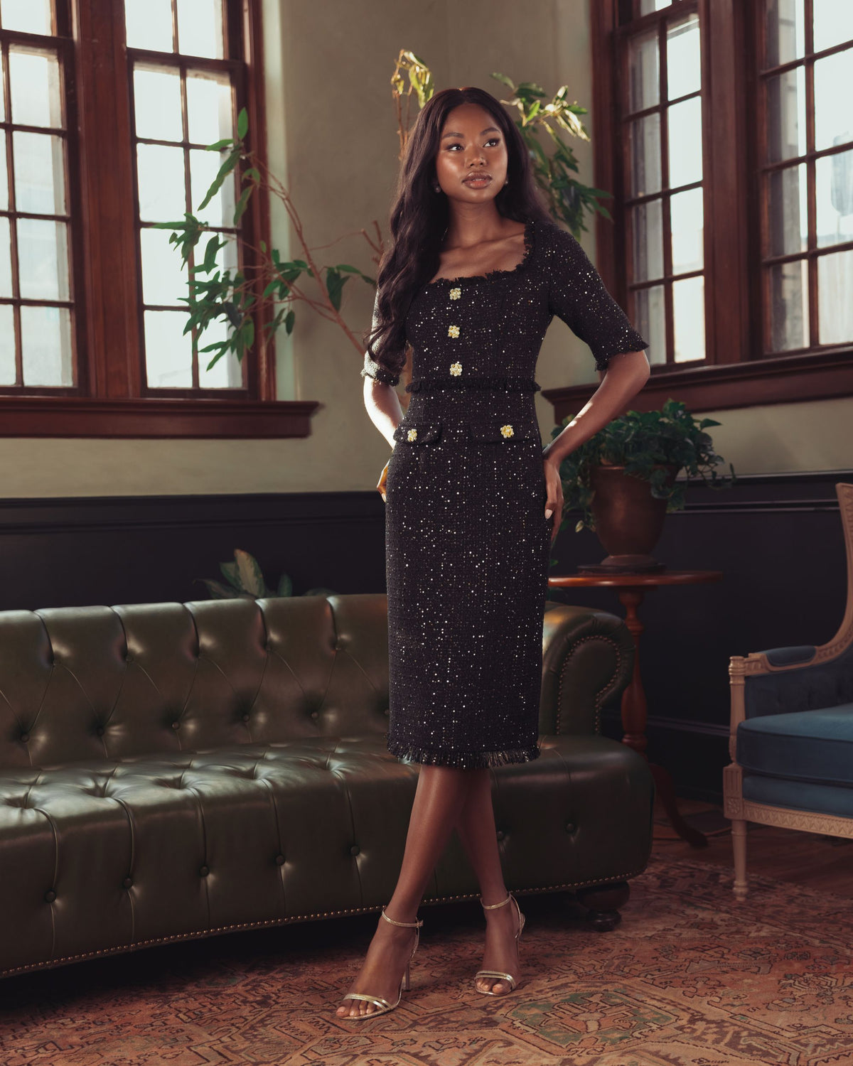 Black Sequin Bouclé Midi Dress Mac Duggal