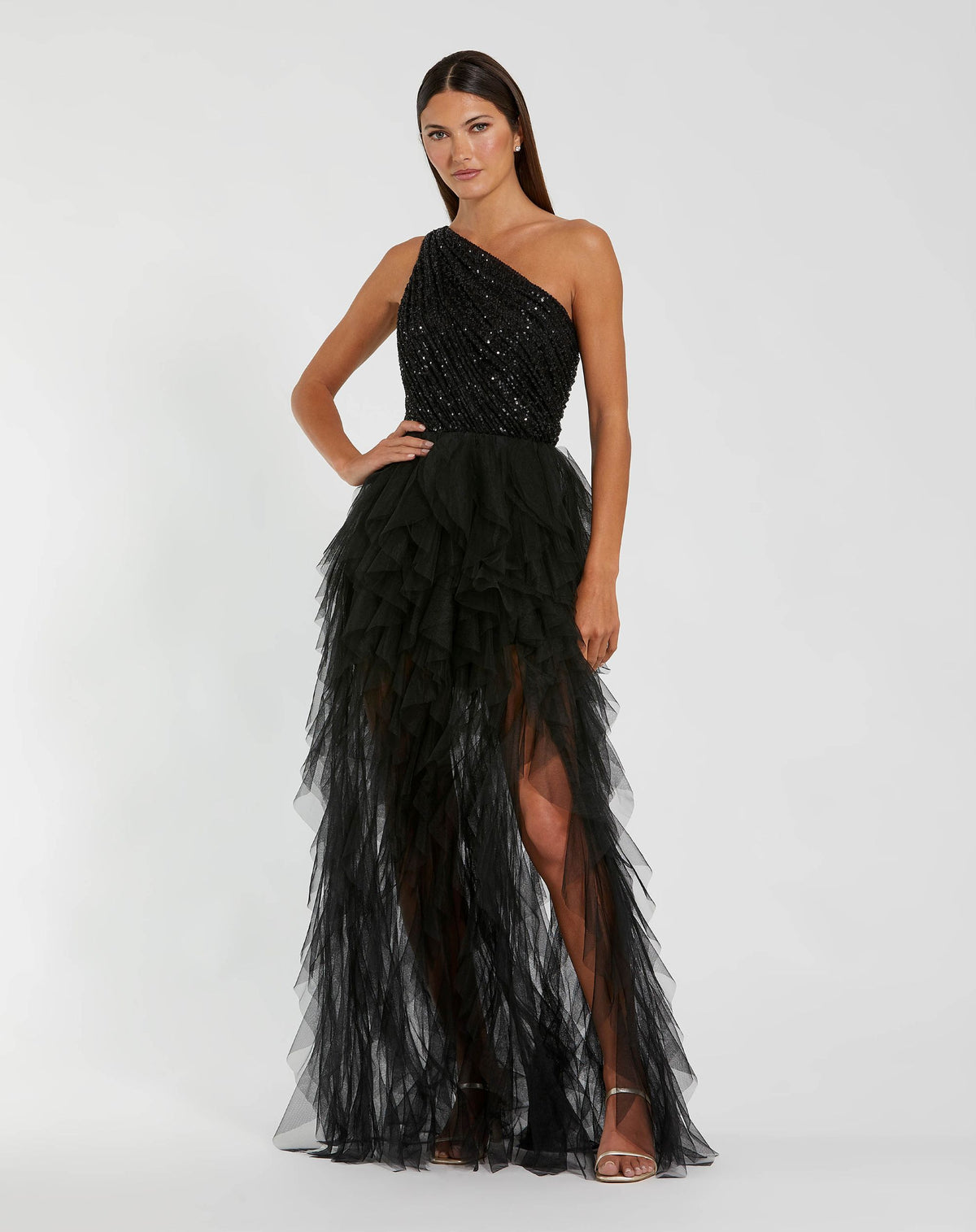Black Sequin One Shoulder Tiered Ruffle Gown - Ieena for Mac Duggal