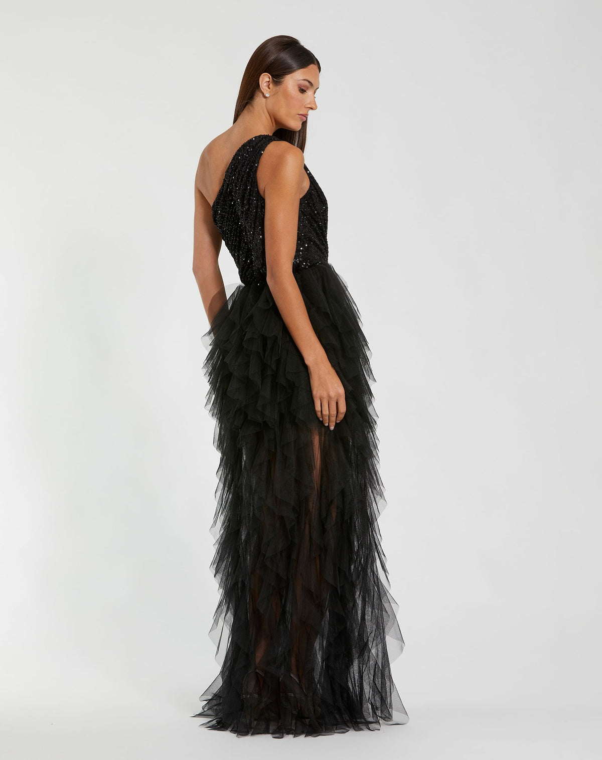 Black Sequin One Shoulder Tiered Ruffle Gown - Ieena for Mac Duggal