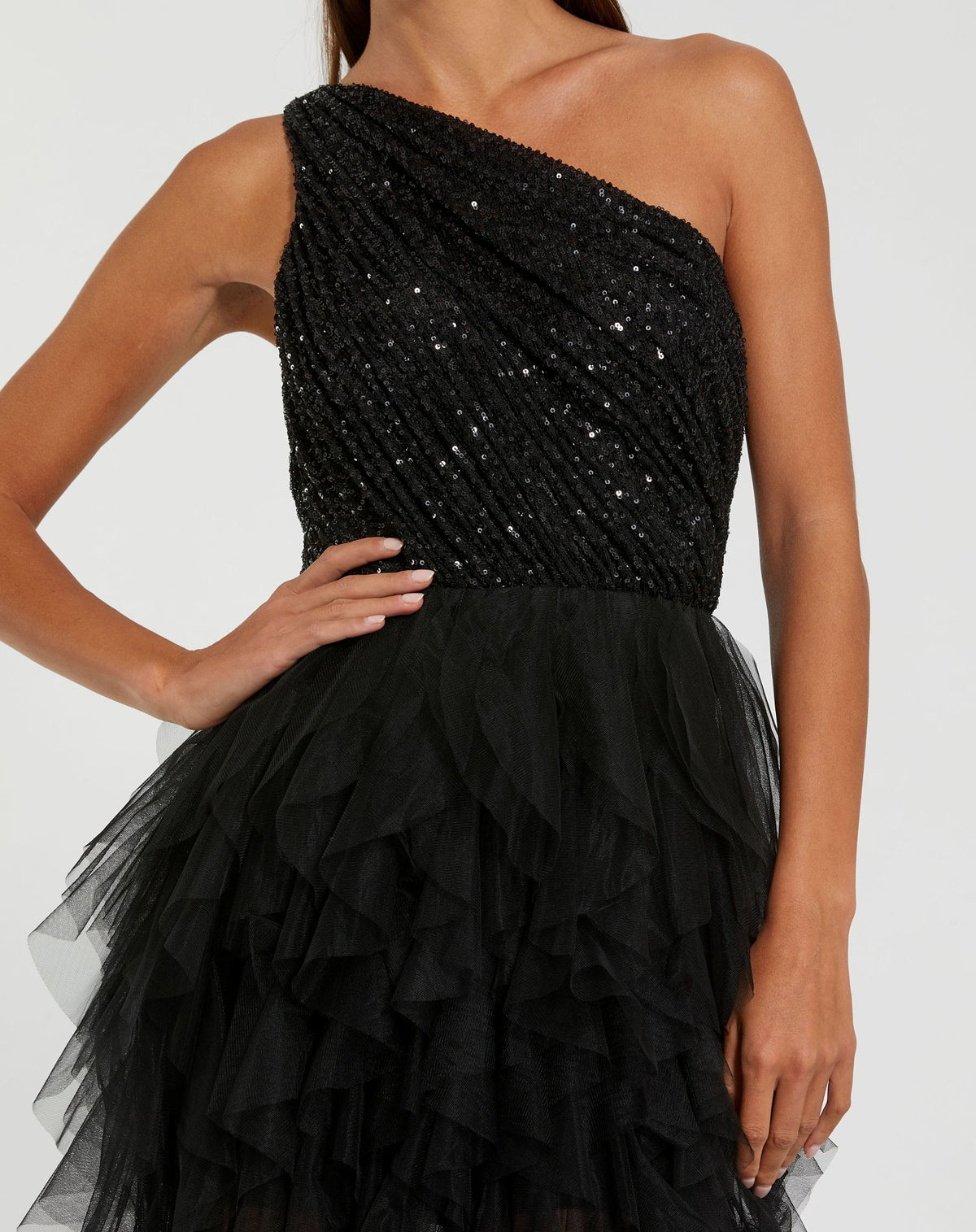 Black Sequin One Shoulder Tiered Ruffle Gown - Ieena for Mac Duggal