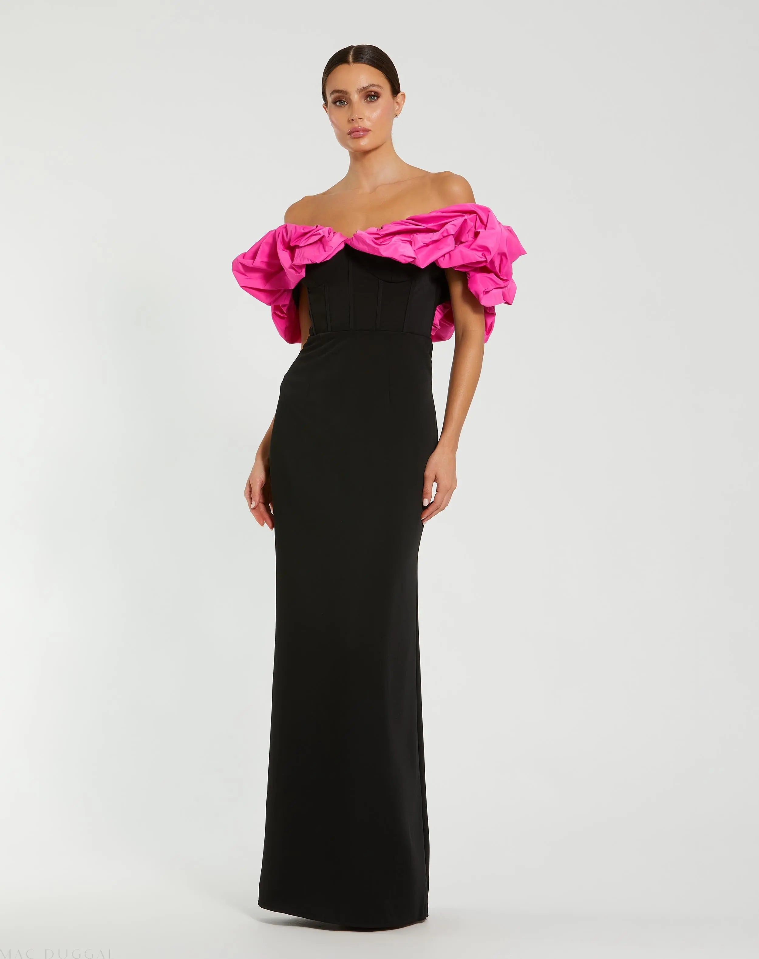 Black Crepe & Faille Off The Shoulder Gown - Mac Duggal