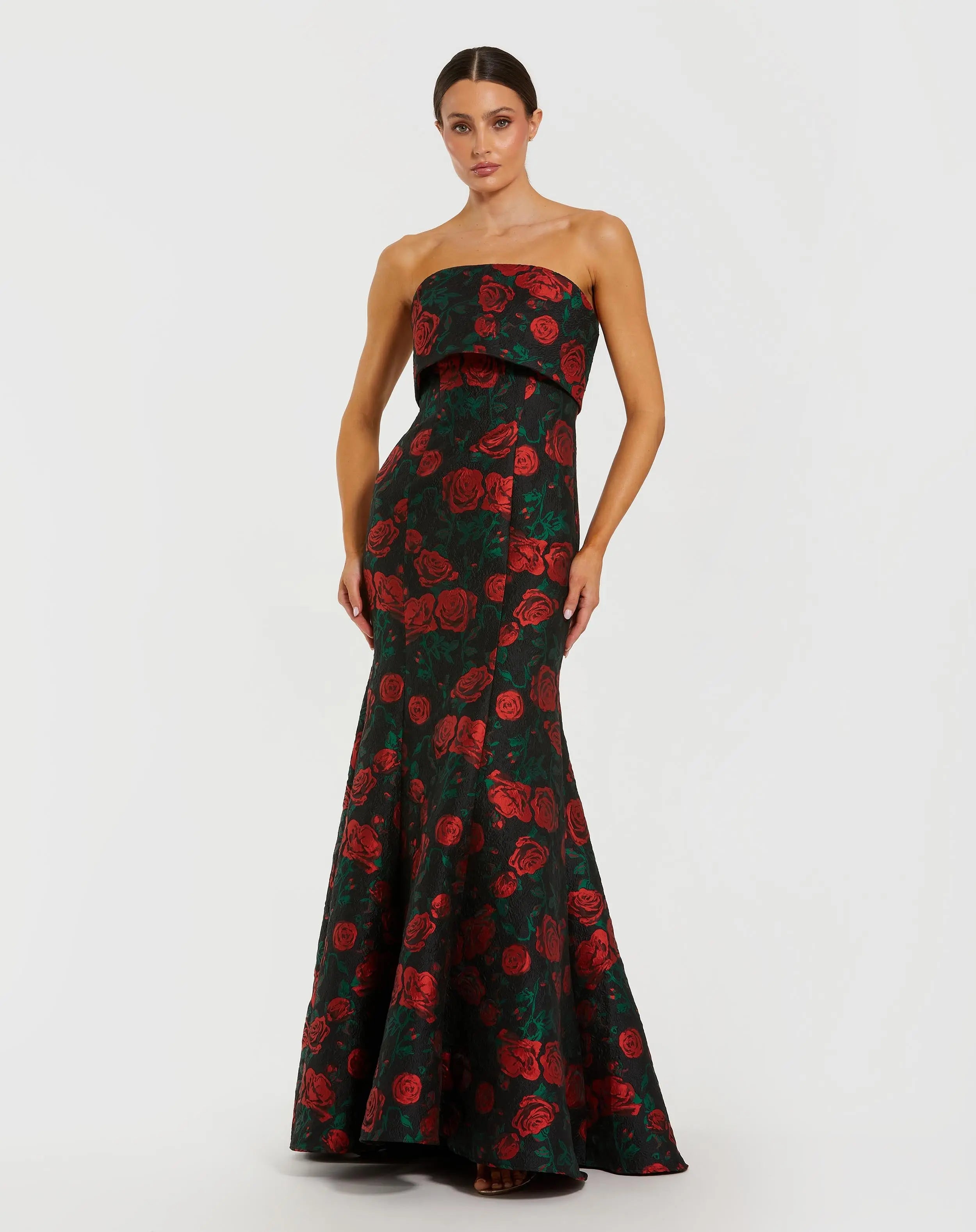 Blue and Green Strapless Brocade Fitted Gown With Oversized Bow - Mac Mac Duggal Blue and Green Strapless Brocade Fitted Gown With Oversized Bow - Mac Mac Duggal