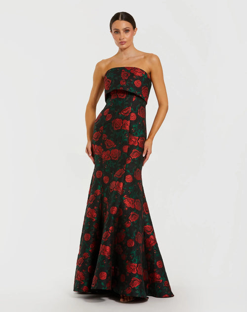 Black Strapless Floral Brocade Mermaid Gown - Ieena for Mac Duggal