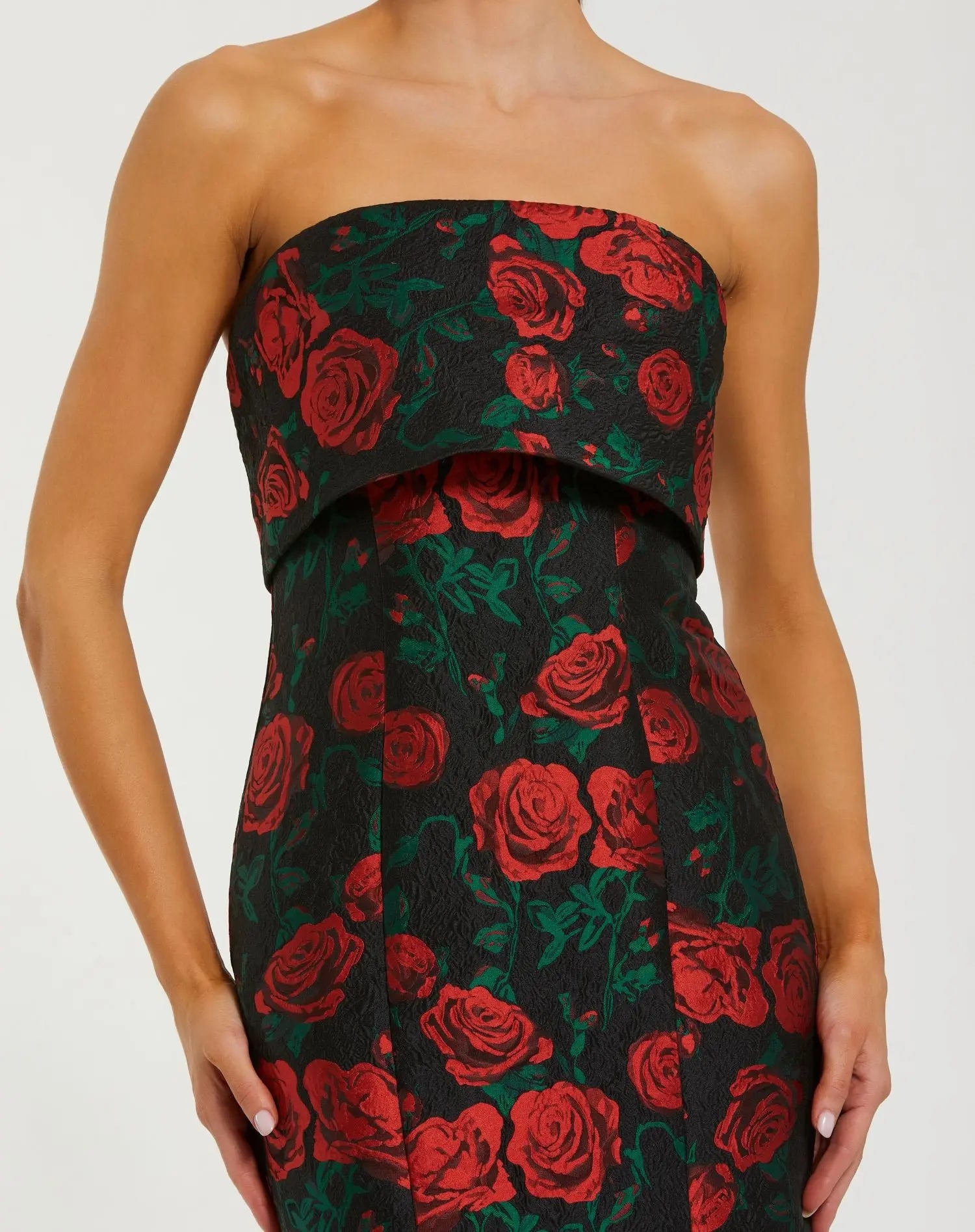 strapless mermaid midi dress Black Strapless Floral Brocade Mermaid Gown