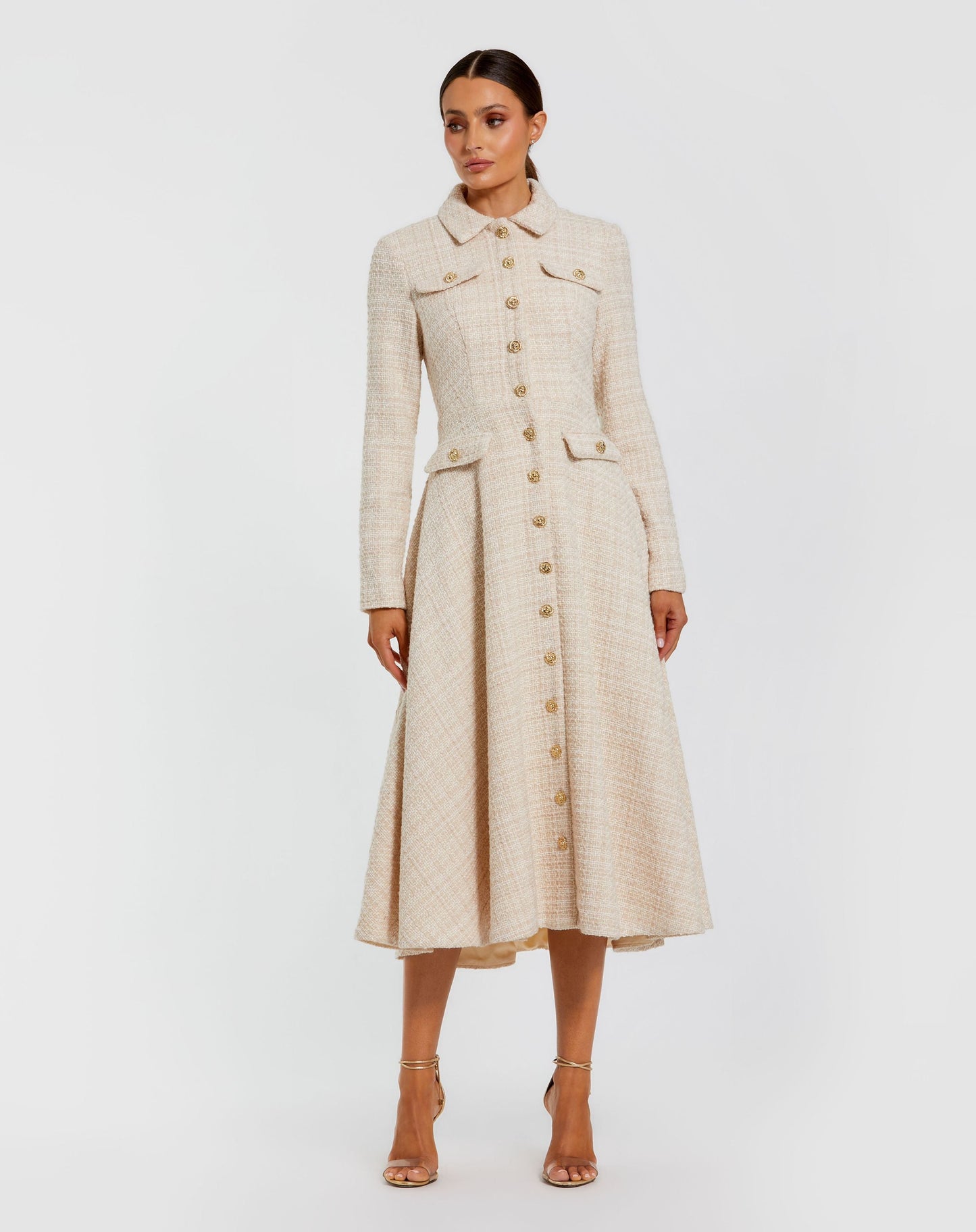 Ivory Bouclé Button Front Long Sleeve Midi Dress - Mac Duggal