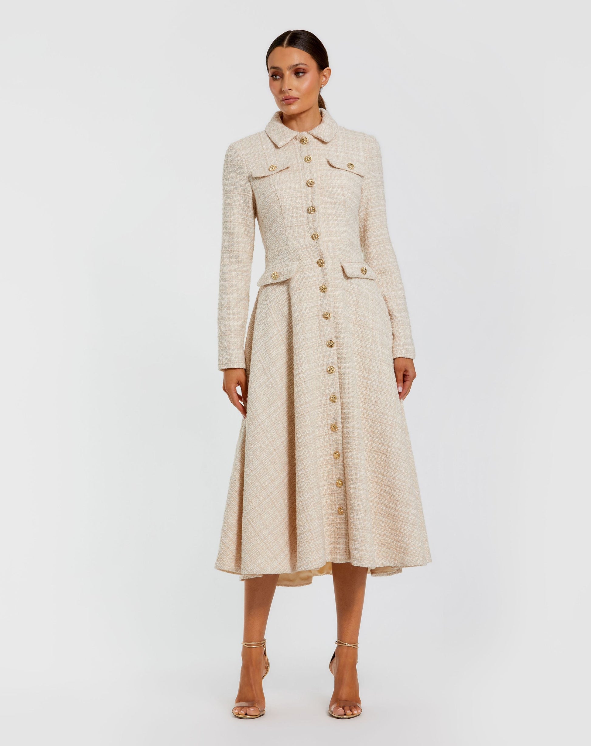 Ivory Bouclé Button Front Long Sleeve Midi Dress - Mac Duggal