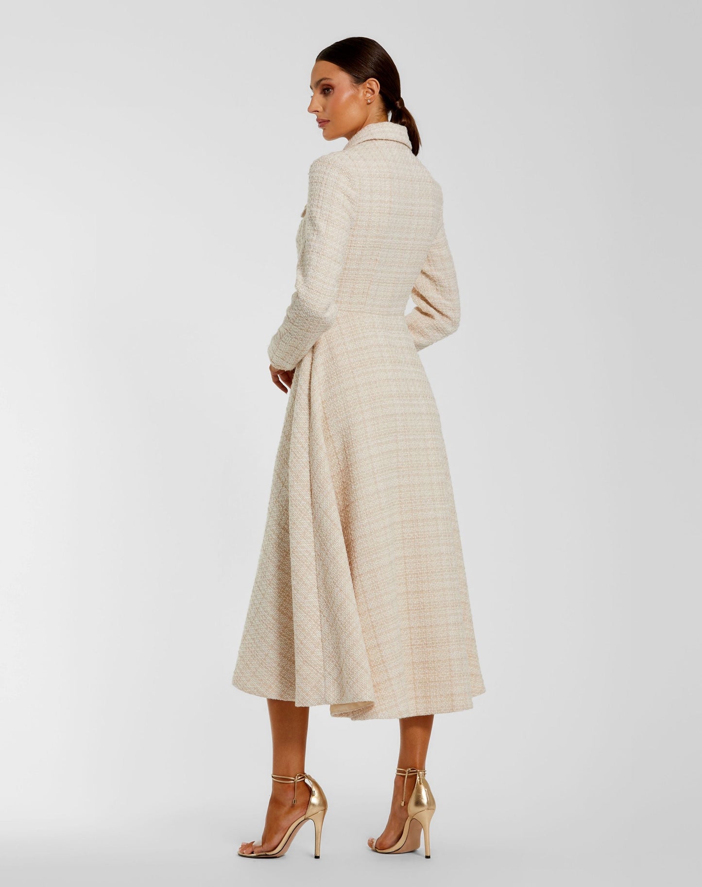Ivory Bouclé Button Front Long Sleeve Midi Dress - Mac Duggal