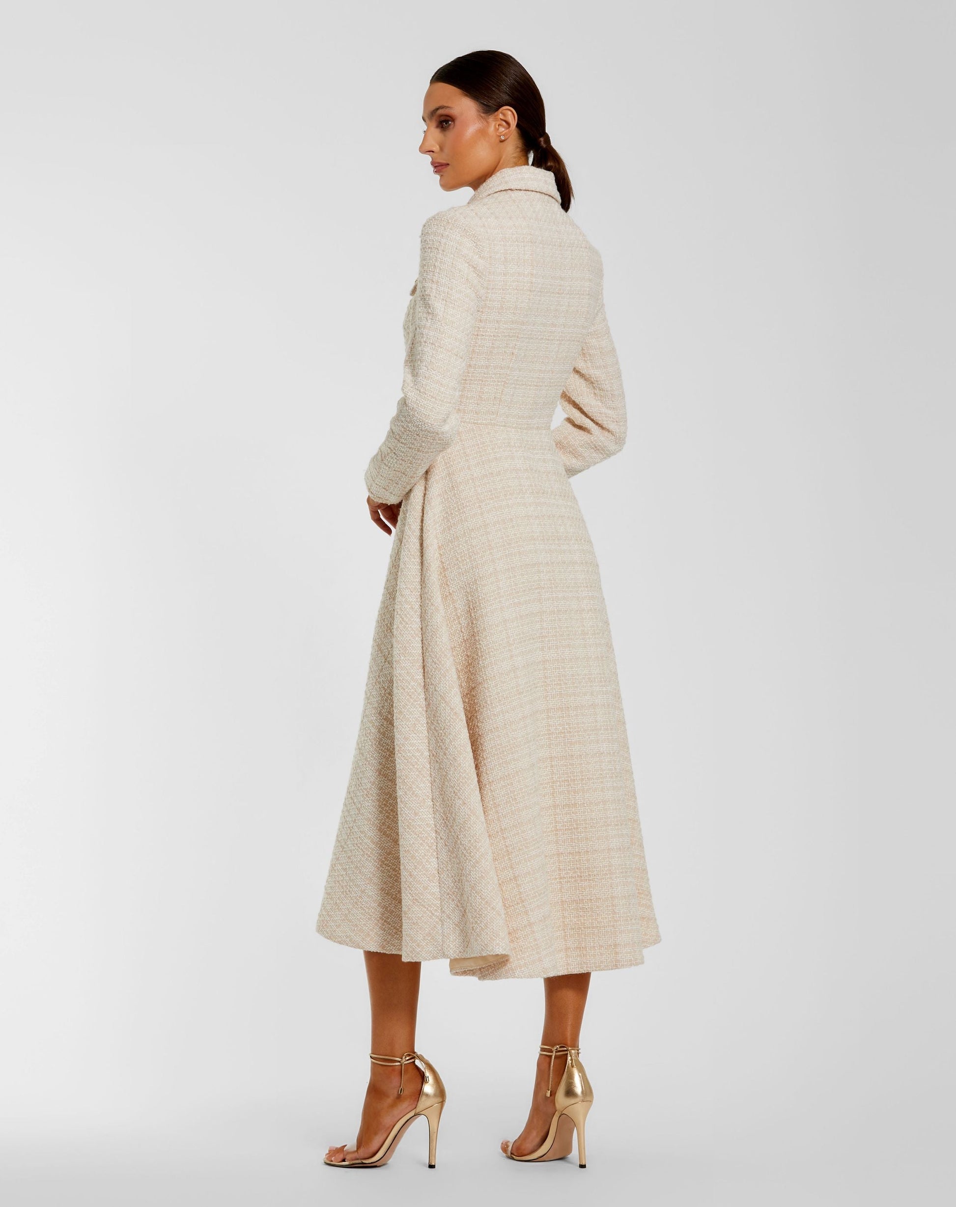 Ivory Bouclé Button Front Long Sleeve Midi Dress - Mac Duggal