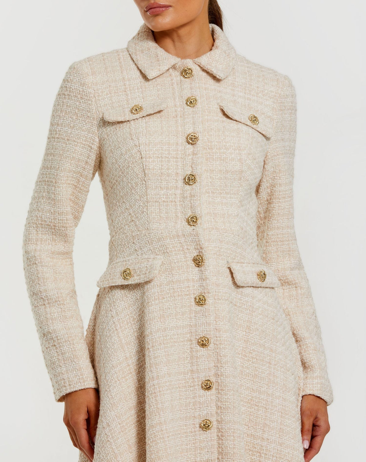 Ivory Bouclé Button Front Long Sleeve Midi Dress - Mac Duggal