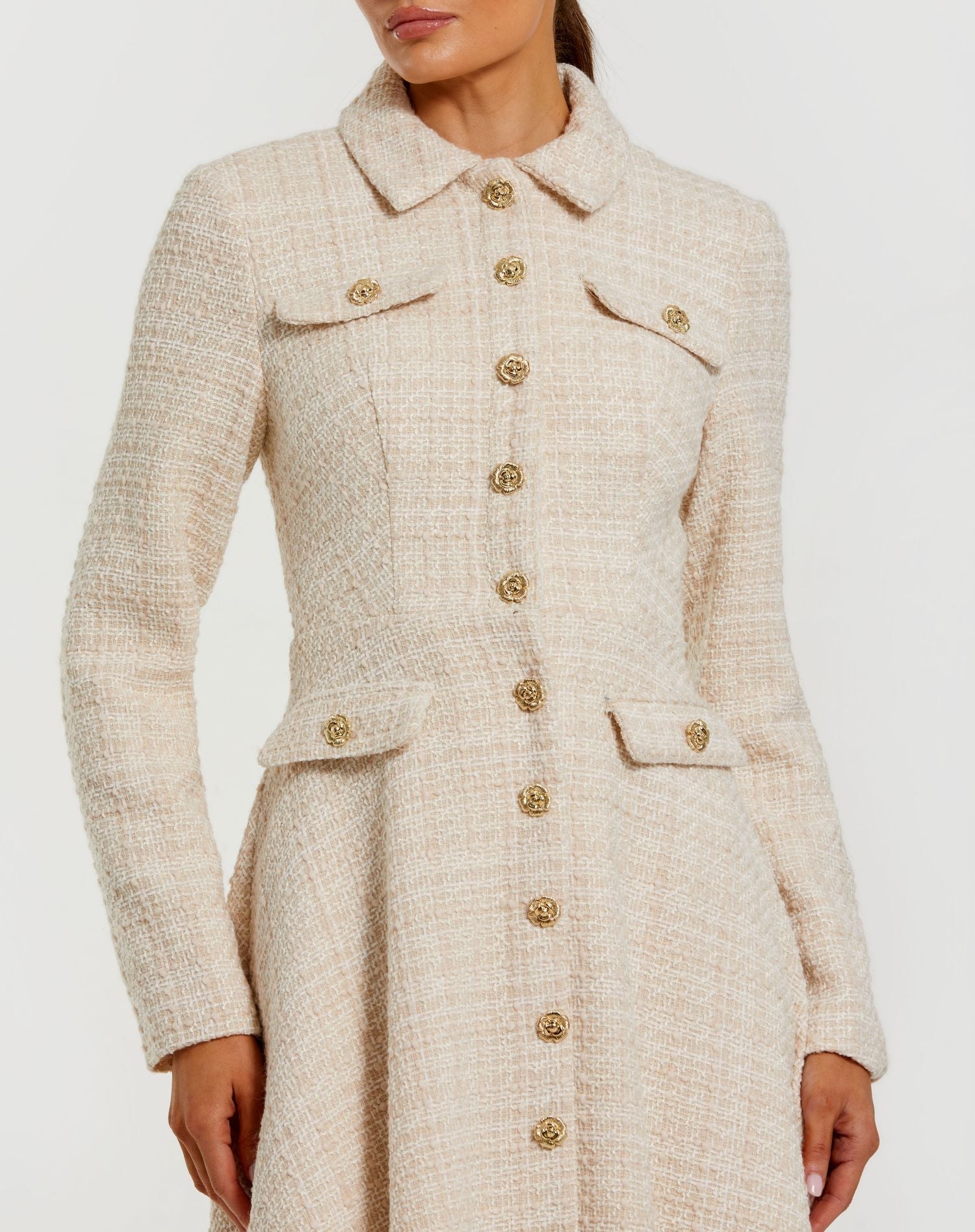 Ivory Bouclé Button Front Long Sleeve Midi Dress - Mac Duggal