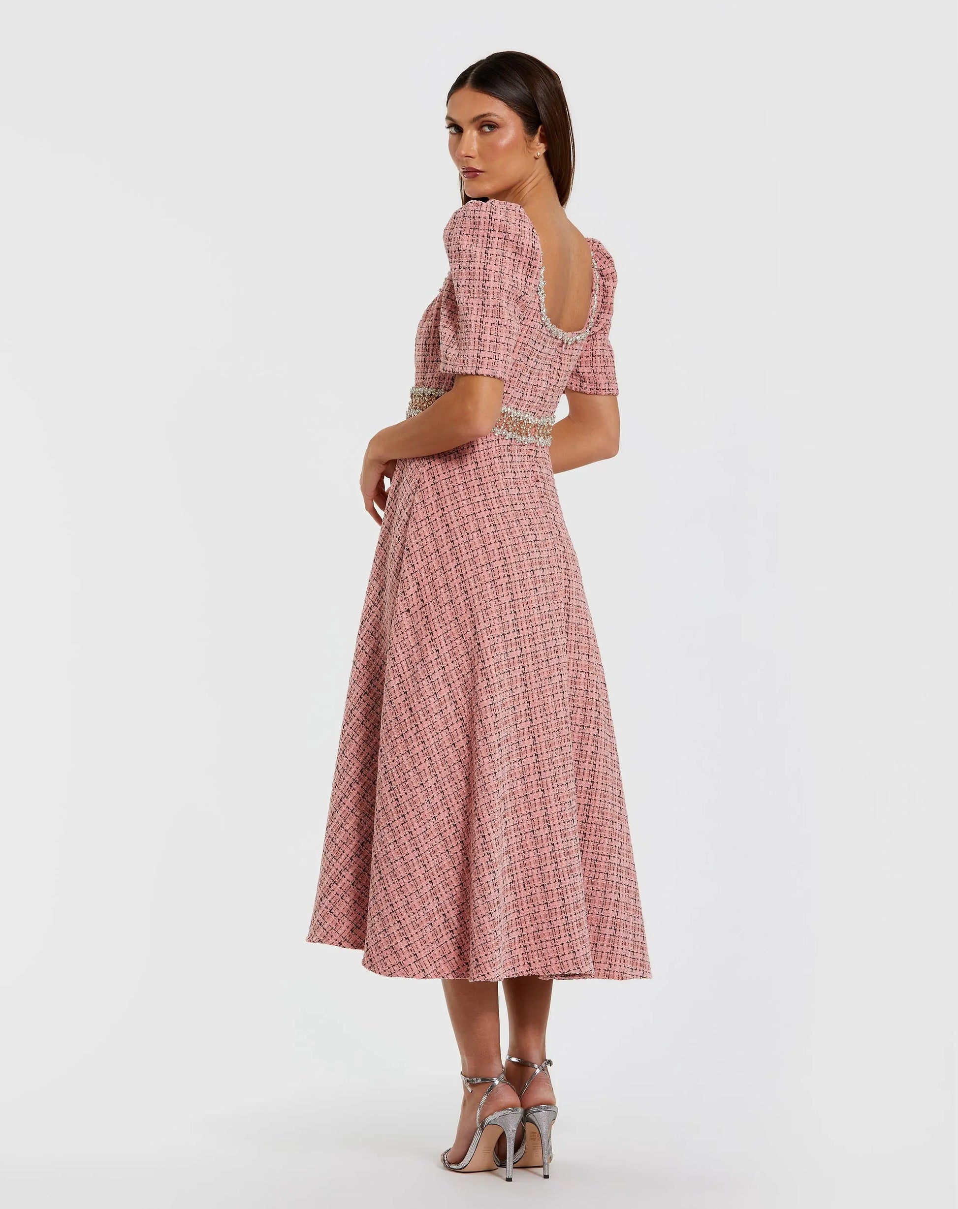 Puff Sleeve Boucle Midi Dress With Beaded Belt | Mac Duggal Puff Sleeve Boucle Midi Dress With Beaded Belt | Mac Duggal