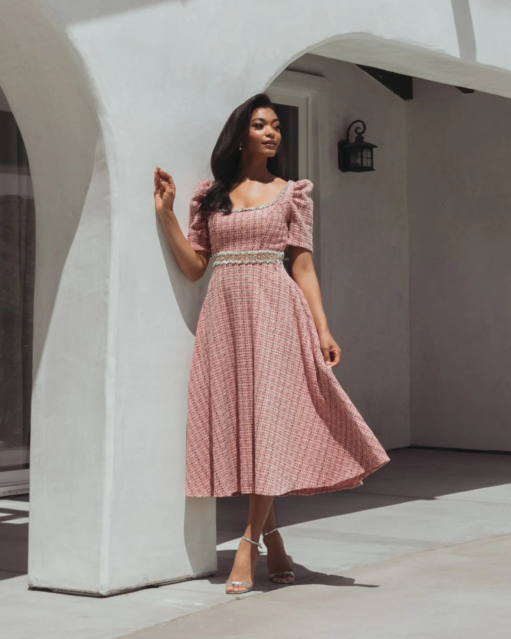 Puff Sleeve Boucle Midi Dress With Beaded Belt | Mac Duggal