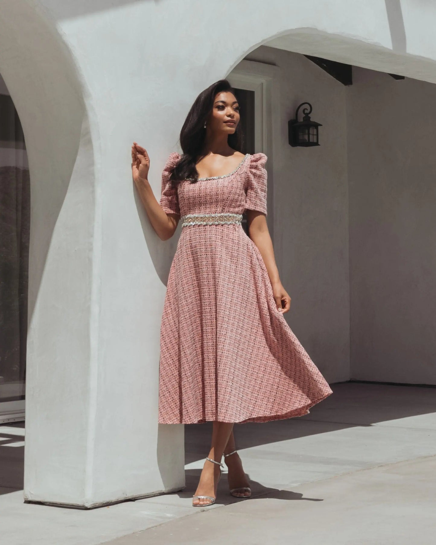 Puff Sleeve Boucle Midi Dress With Beaded Belt