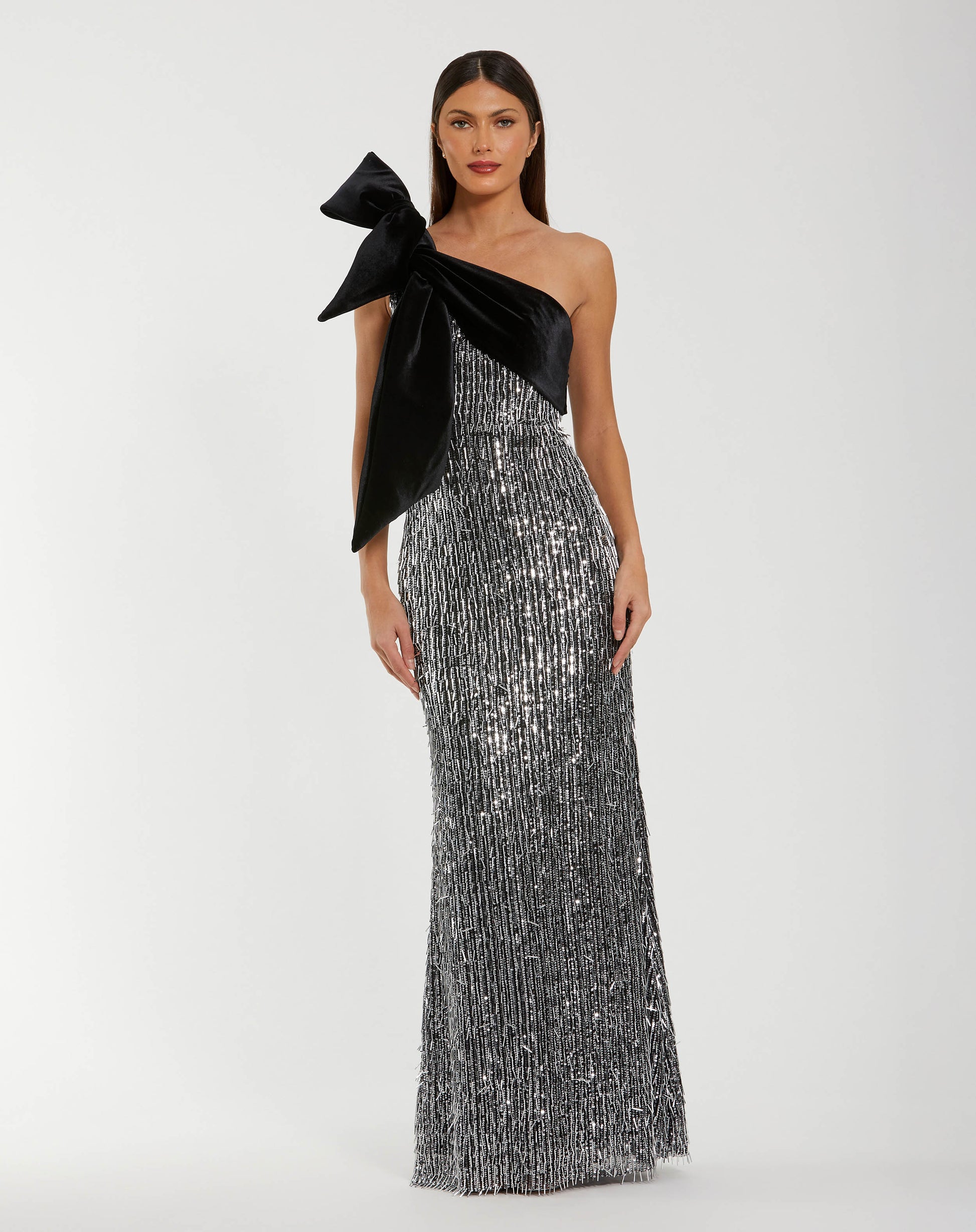 One Shoulder Embellished Sequin Gown With Bow - Ieena for Mac Duggal