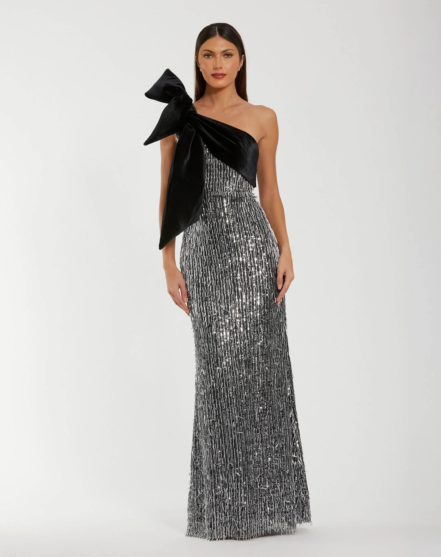 Black and Silver One Shoulder Embellished Gown With Velvet Bow | Mac Duggal Black and Silver One Shoulder Embellished Gown With Velvet Bow | Mac Duggal