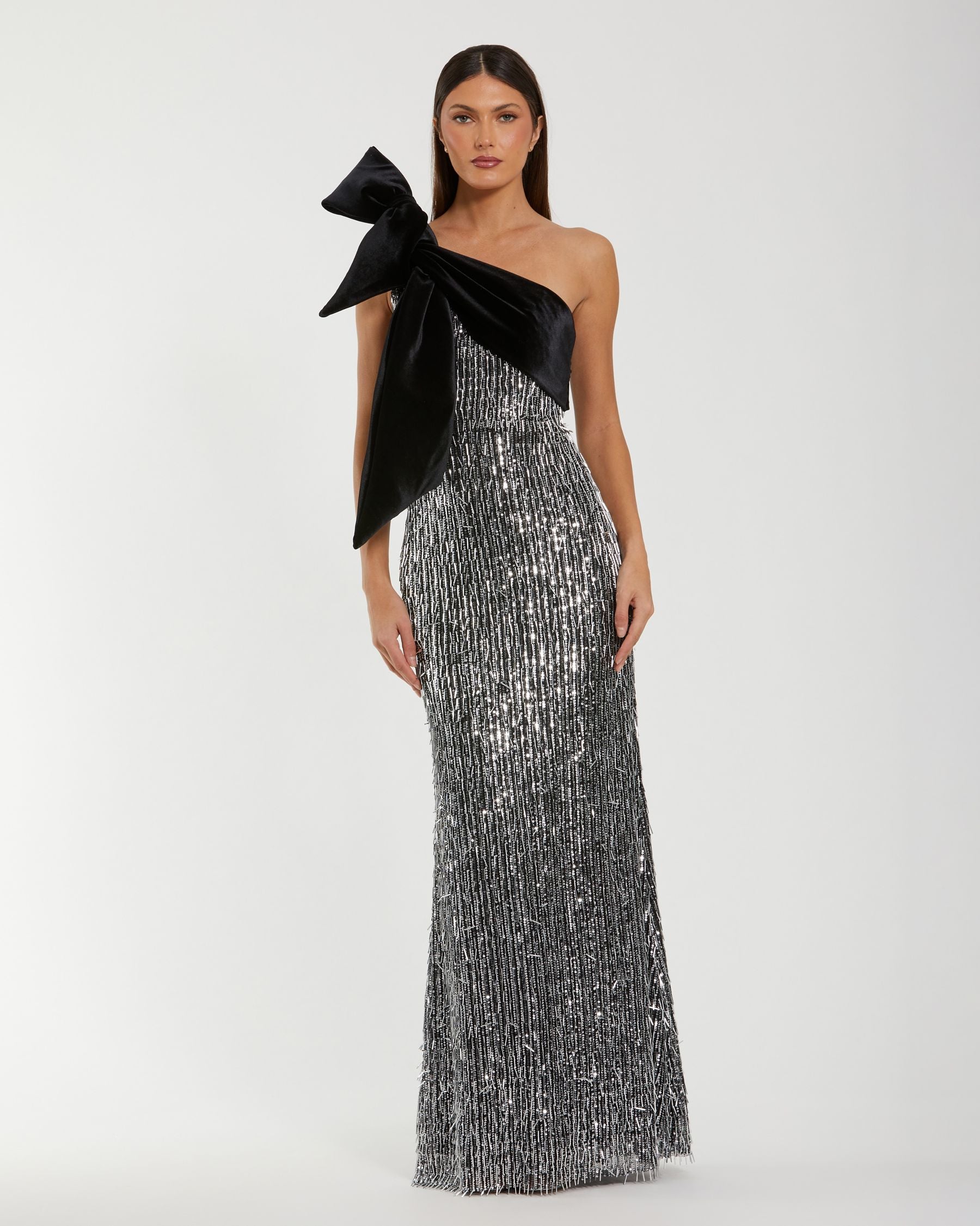 One Shoulder Embellished Sequin Gown With Bow - Ieena for Mac Duggal