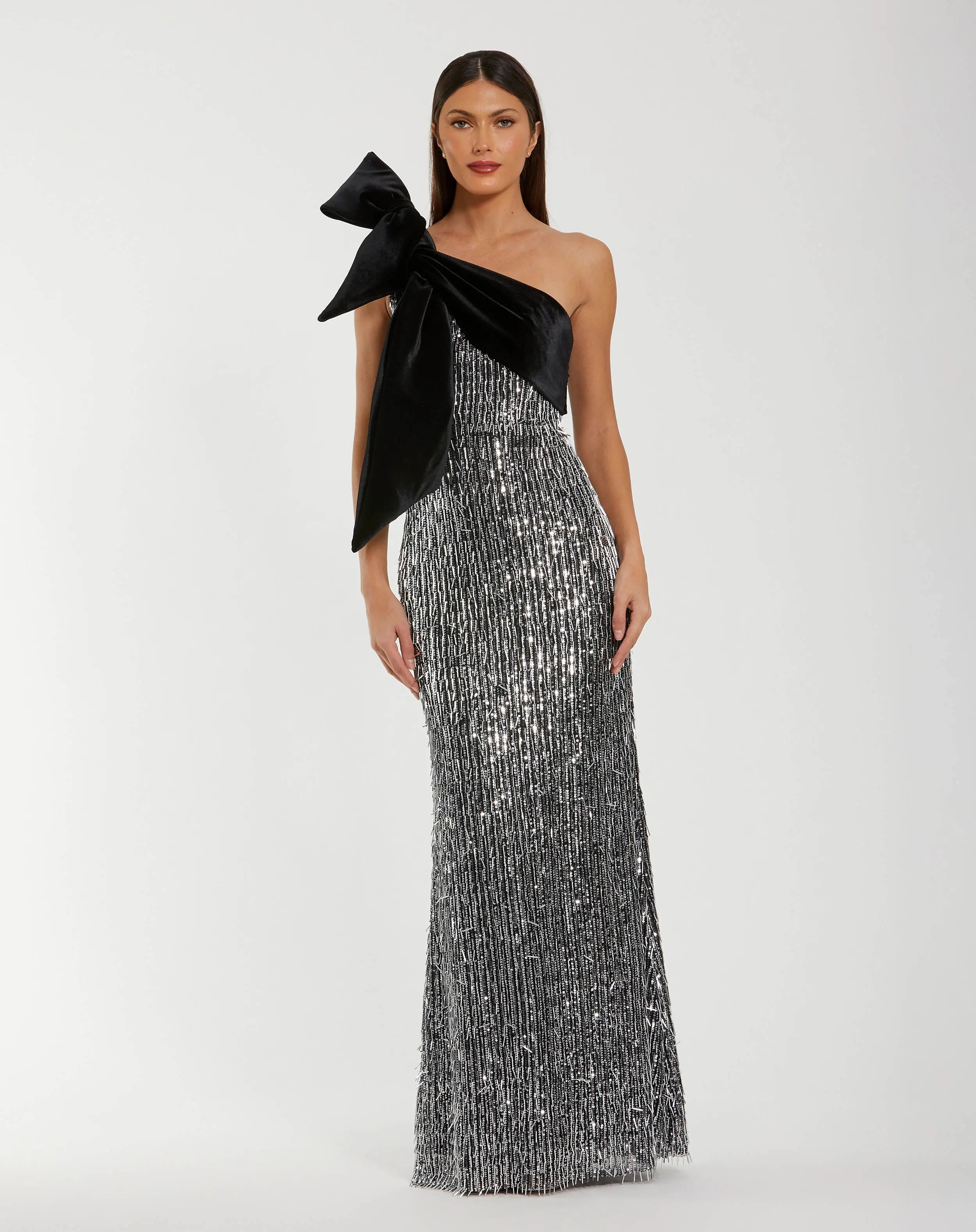 One Shoulder Embellished Sequin Gown With Bow - Ieena for Mac Duggal