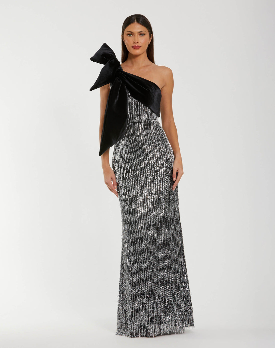 One Shoulder Embellished Sequin Gown With Bow - Ieena for Mac Duggal