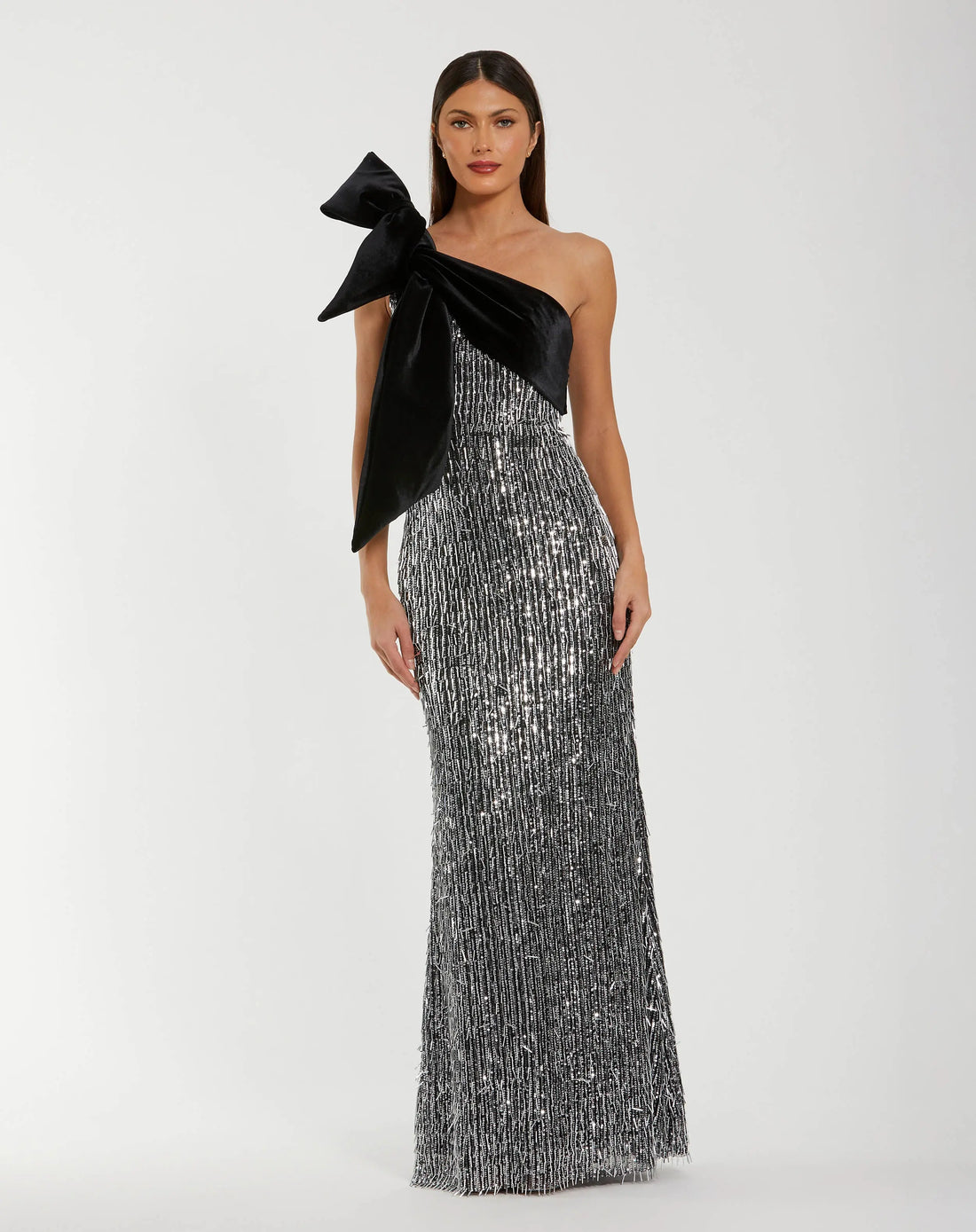 mac duggal one shoulder dress Black and Silver One Shoulder Embellished Gown With Velvet Bow