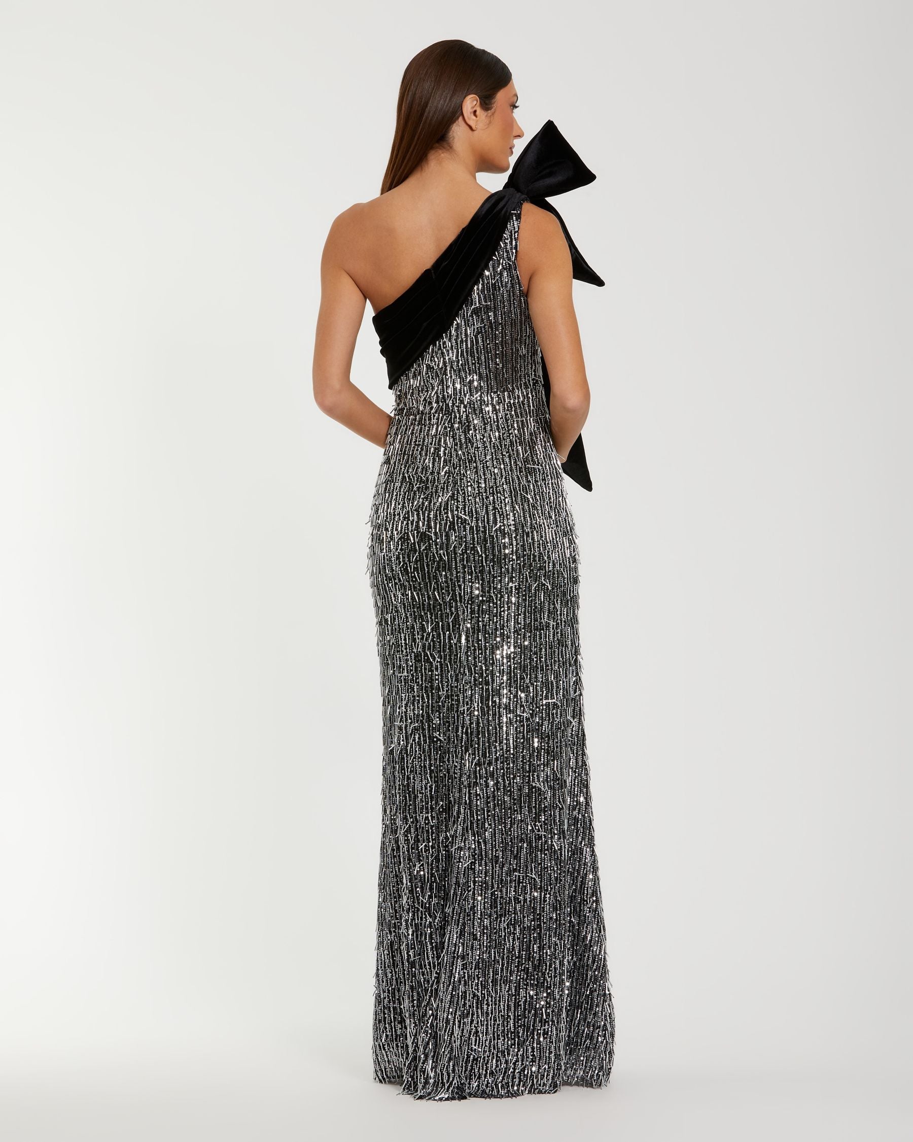 Black and Silver One Shoulder Embellished Gown With Velvet Bow Ieena for Mac Duggal