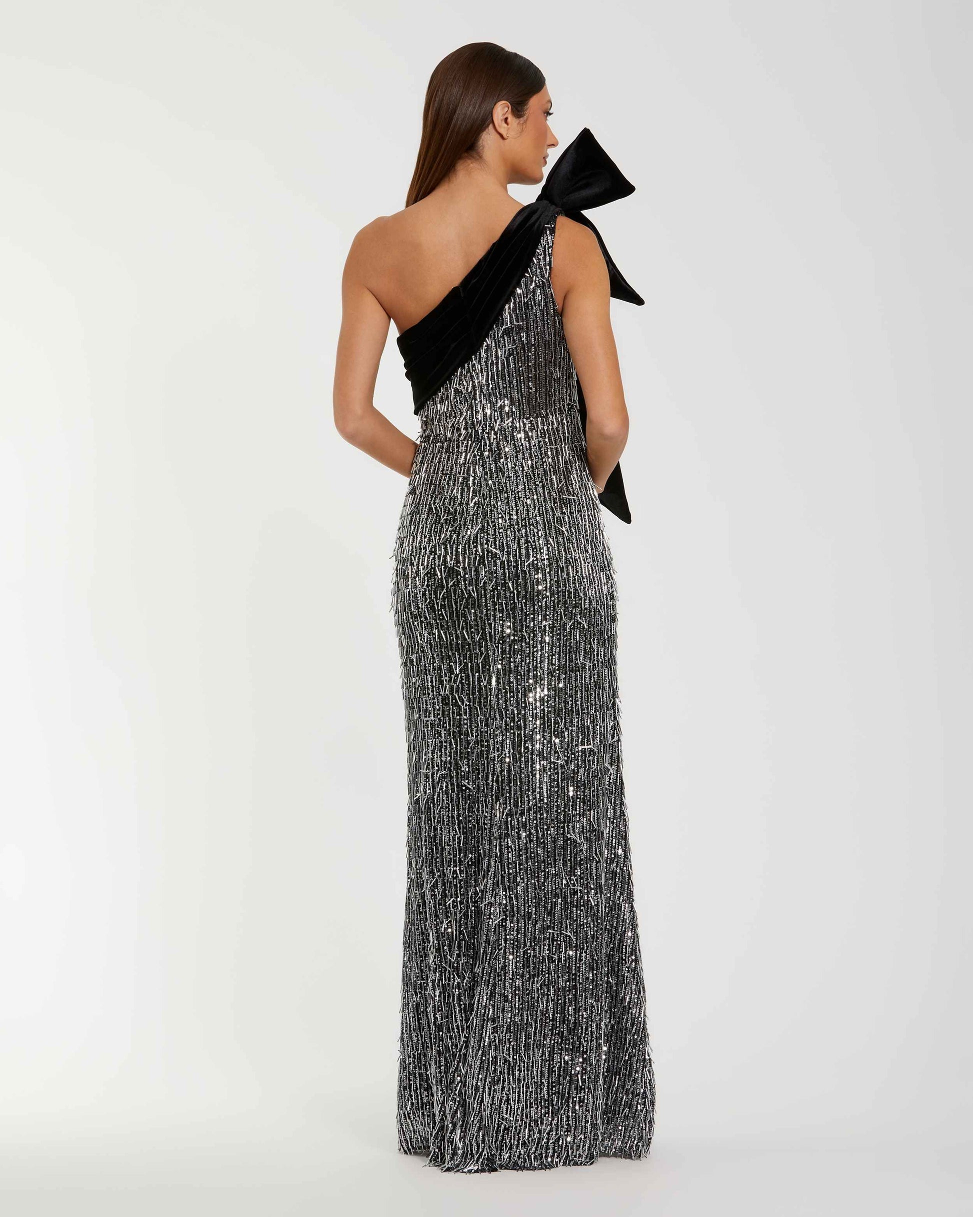 One Shoulder Embellished Sequin Gown With Bow - Ieena for Mac Duggal