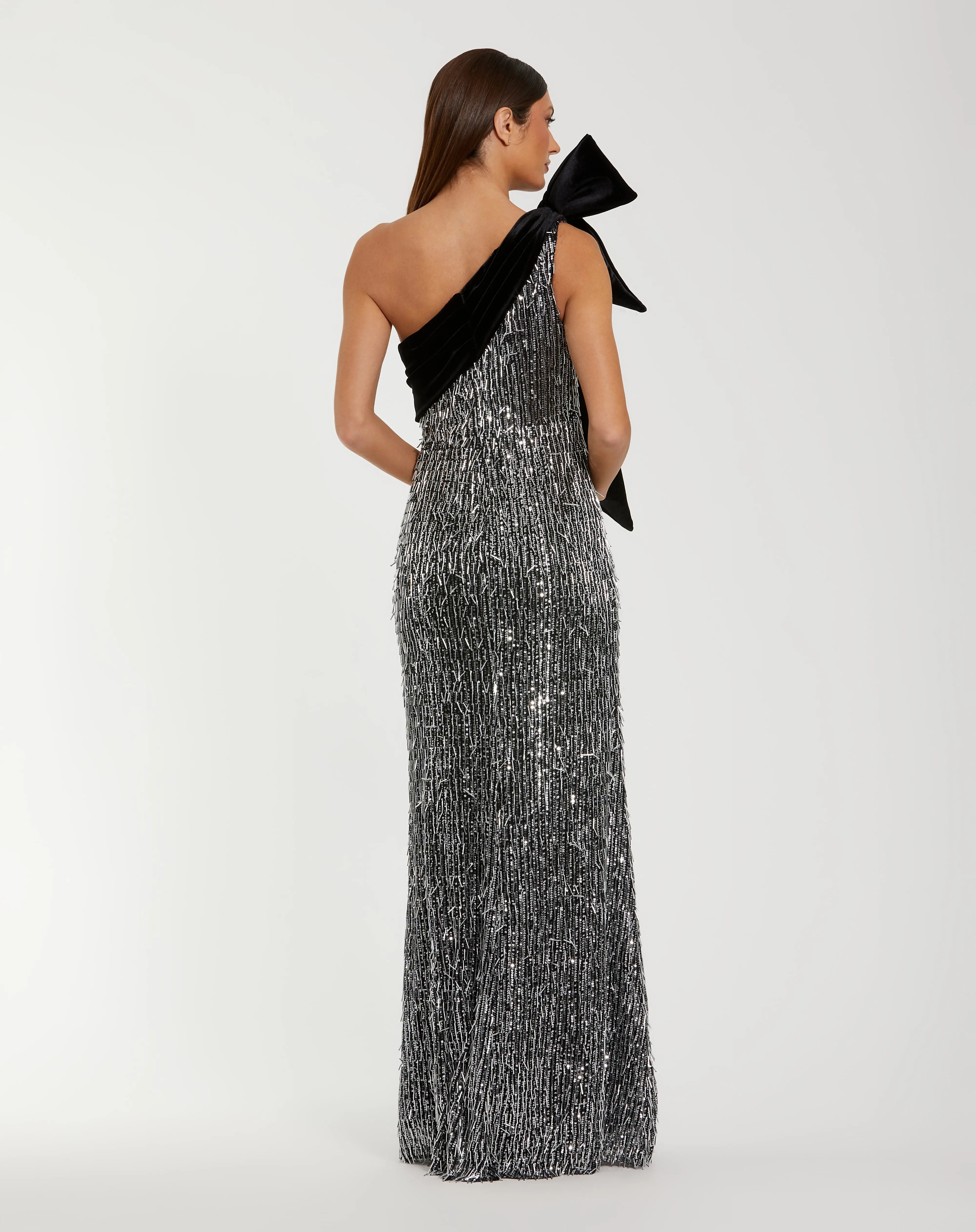 Black and Silver One Shoulder Embellished Gown With Velvet Bow Ieena for Mac Duggal