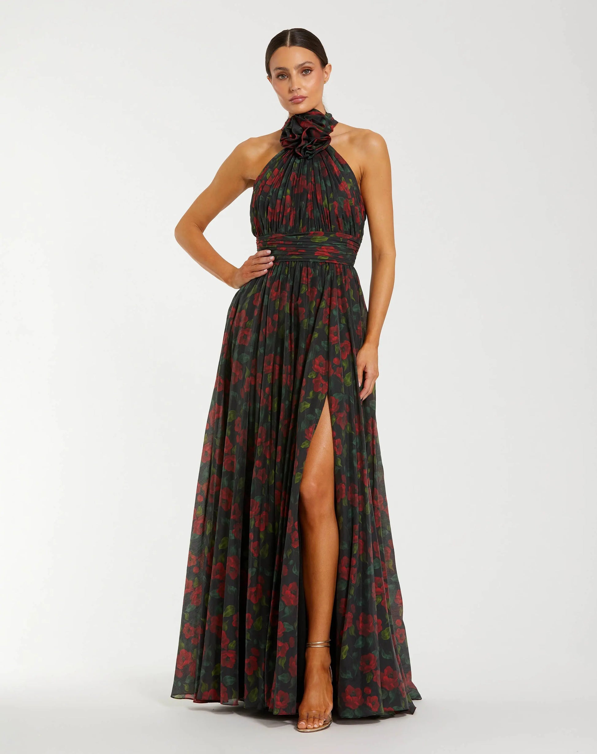 Black Floral Print Halter Neck Gown with Rosette | Mac Duggal Black Floral Print Halter Neck Gown with Rosette | Mac Duggal