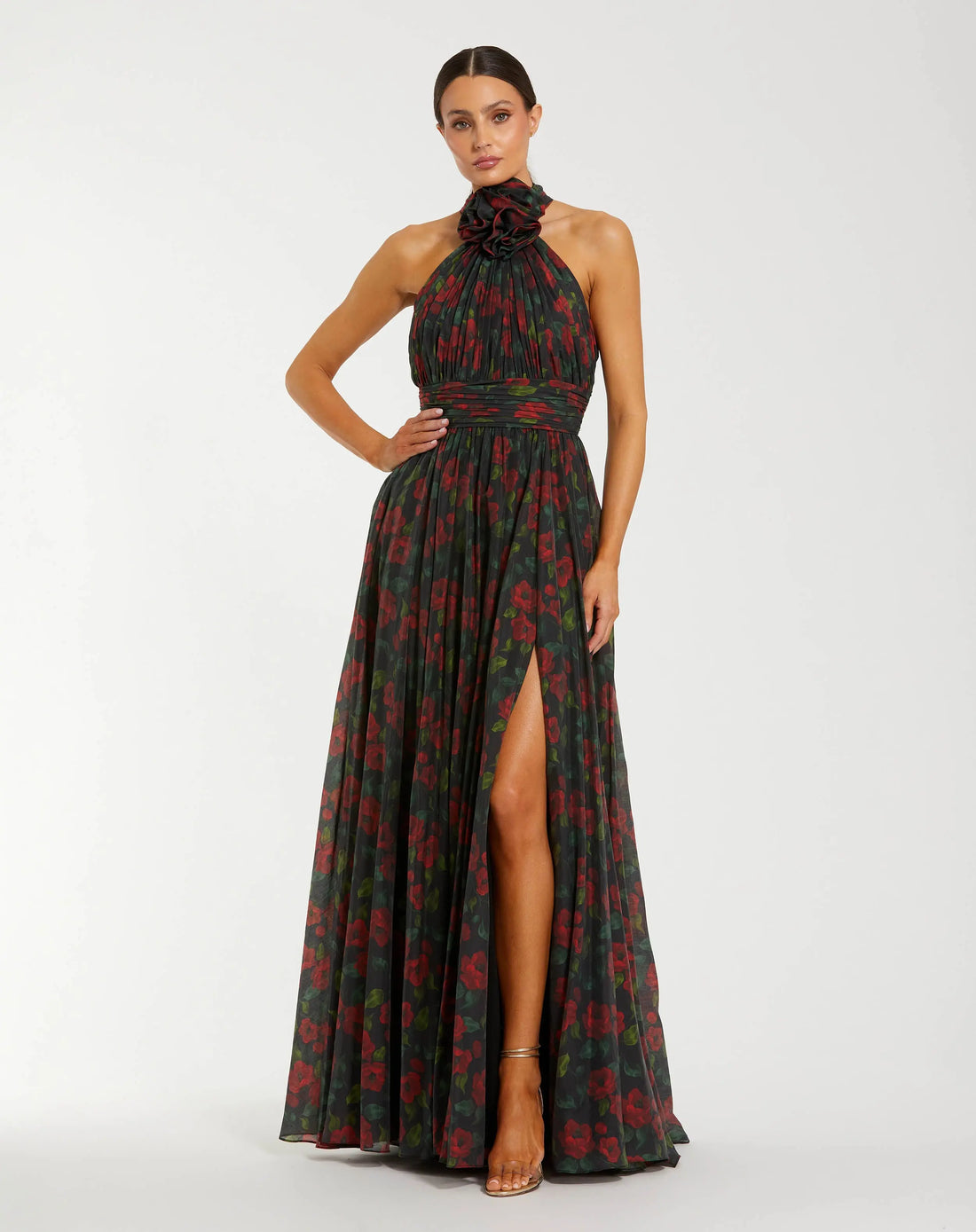 Black Floral Print Halter Neck Gown with Rosette | Mac Duggal Black Floral Print Halter Neck Gown with Rosette | Mac Duggal