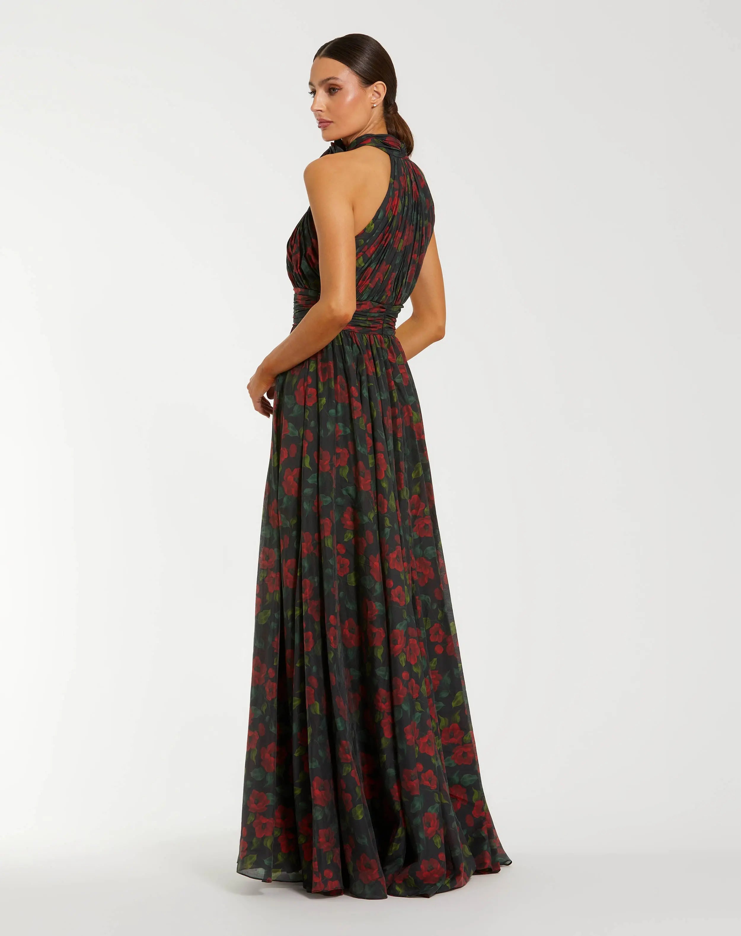 Black Floral Print Halter Neck Gown with Rosette Ieena for Mac Duggal