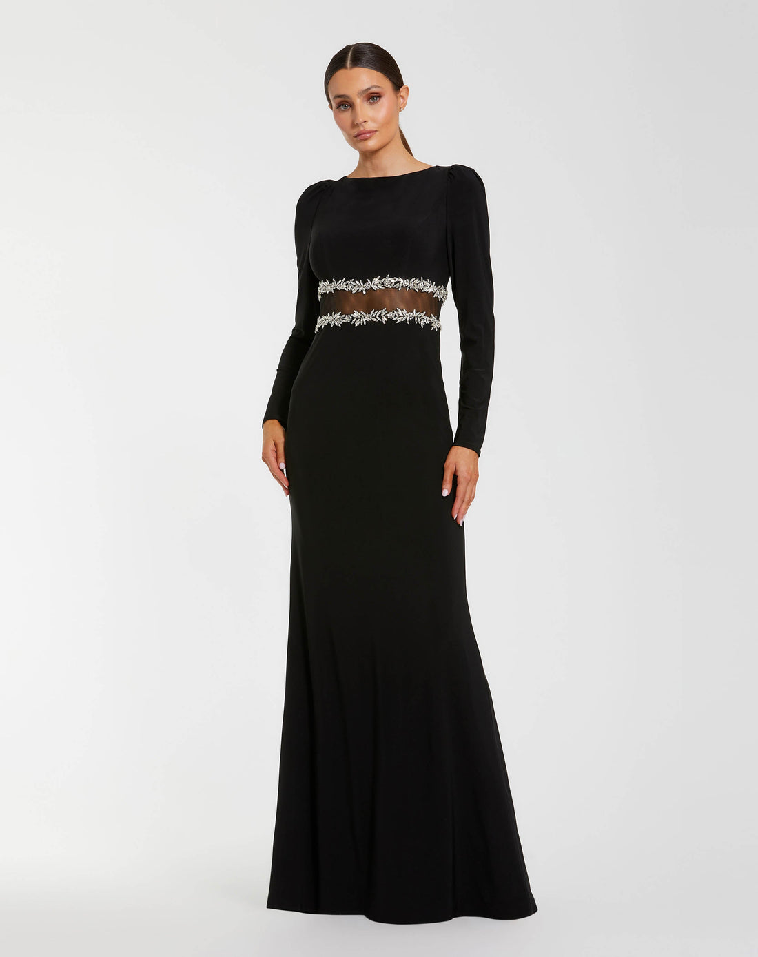 Black Long Sleeve Jersey Gown With Jewel Detail Mac Duggal