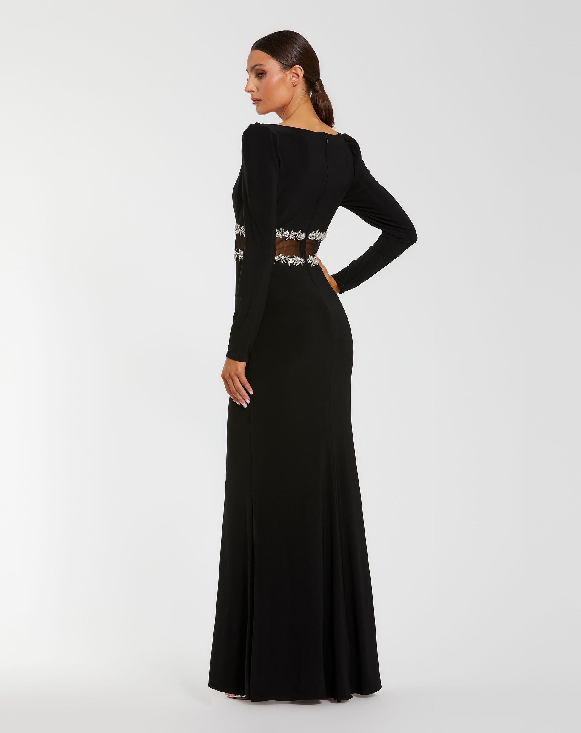 Black Long Sleeve Jersey Gown With Jewel Detail Mac Duggal