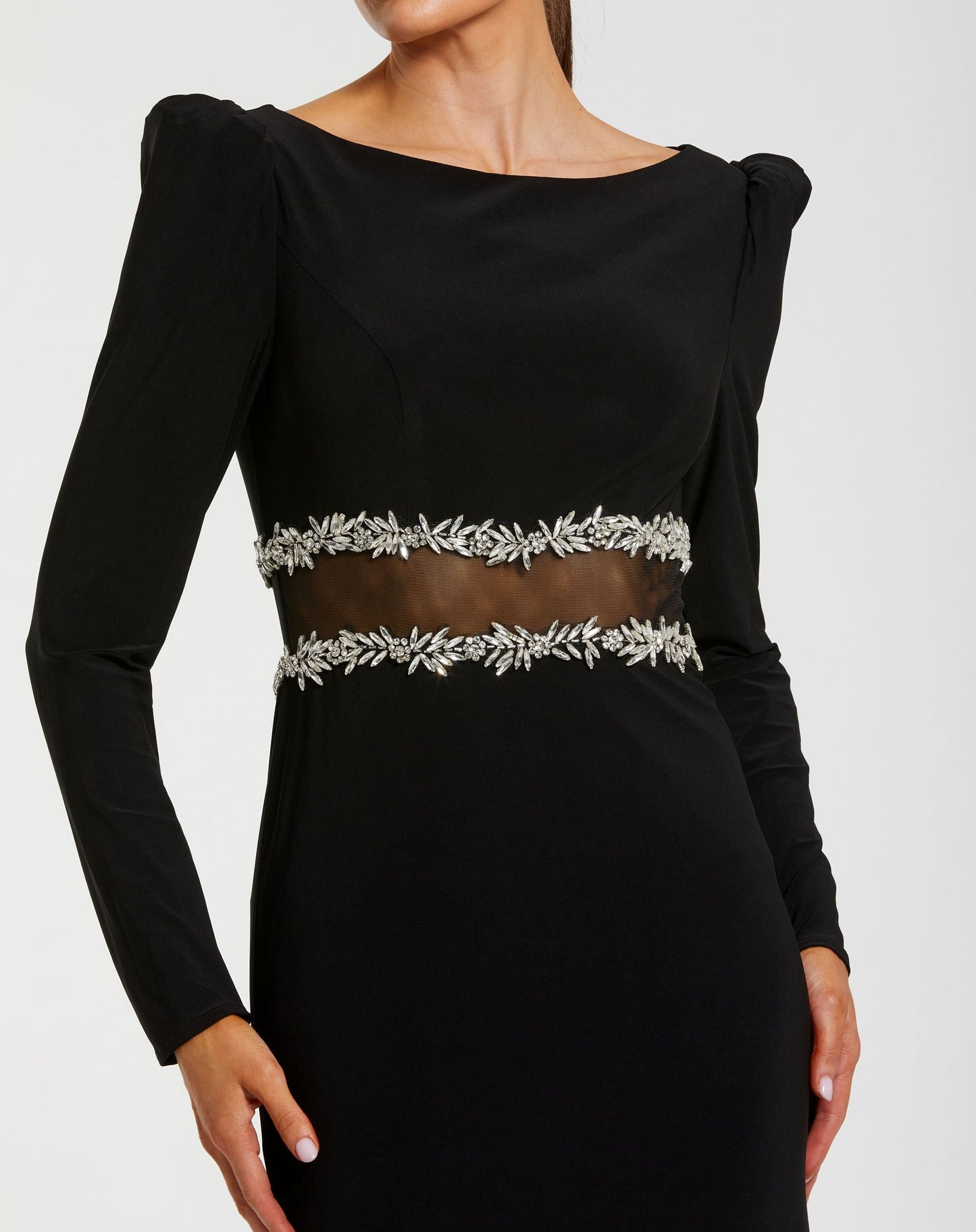 Black Long Sleeve Jersey Gown With Jewel Detail Mac Duggal