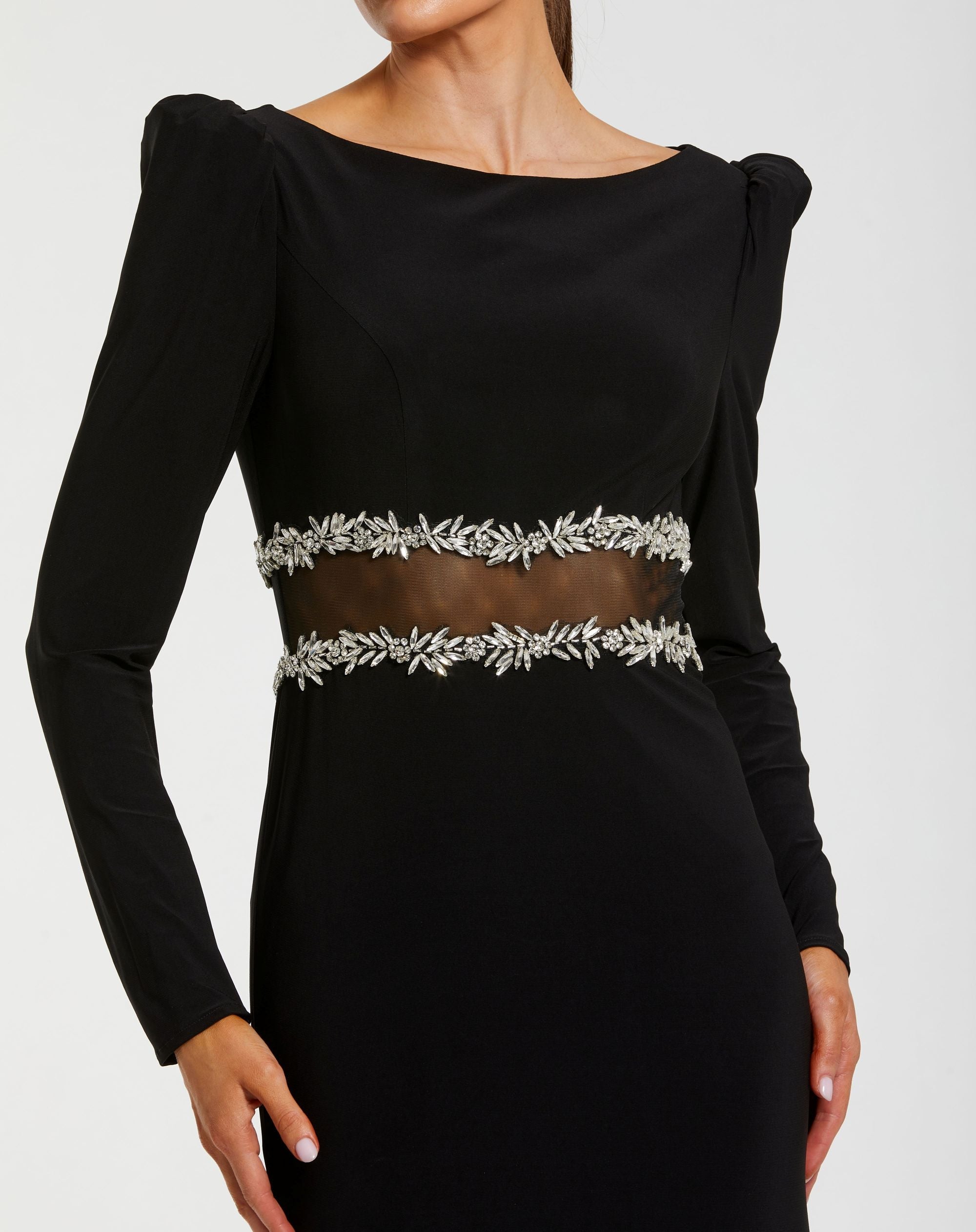 Black Long Sleeve Jersey Gown With Jewel Detail Mac Duggal