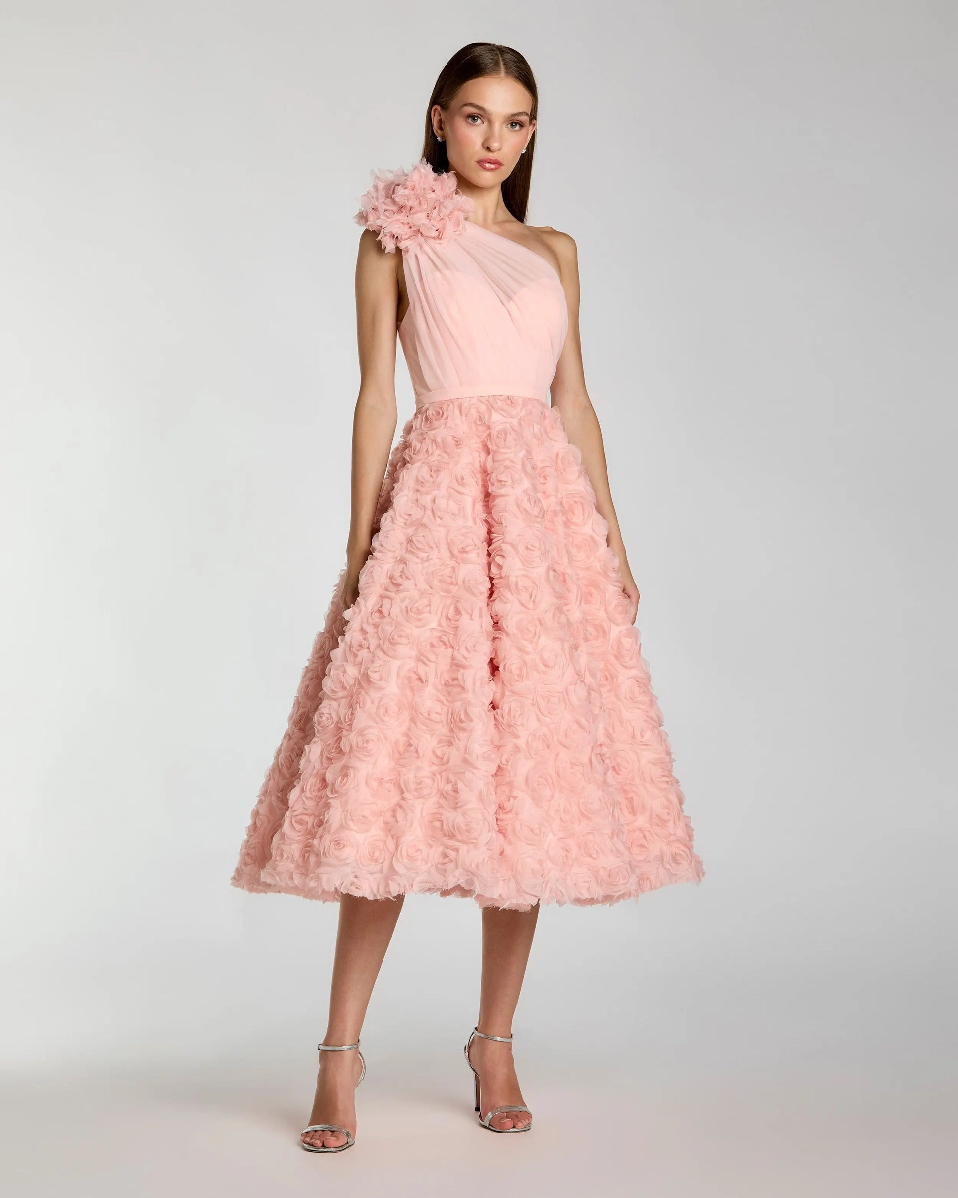 blush pink cocktail dress Blush One Shoulder Rosette Midi Dress