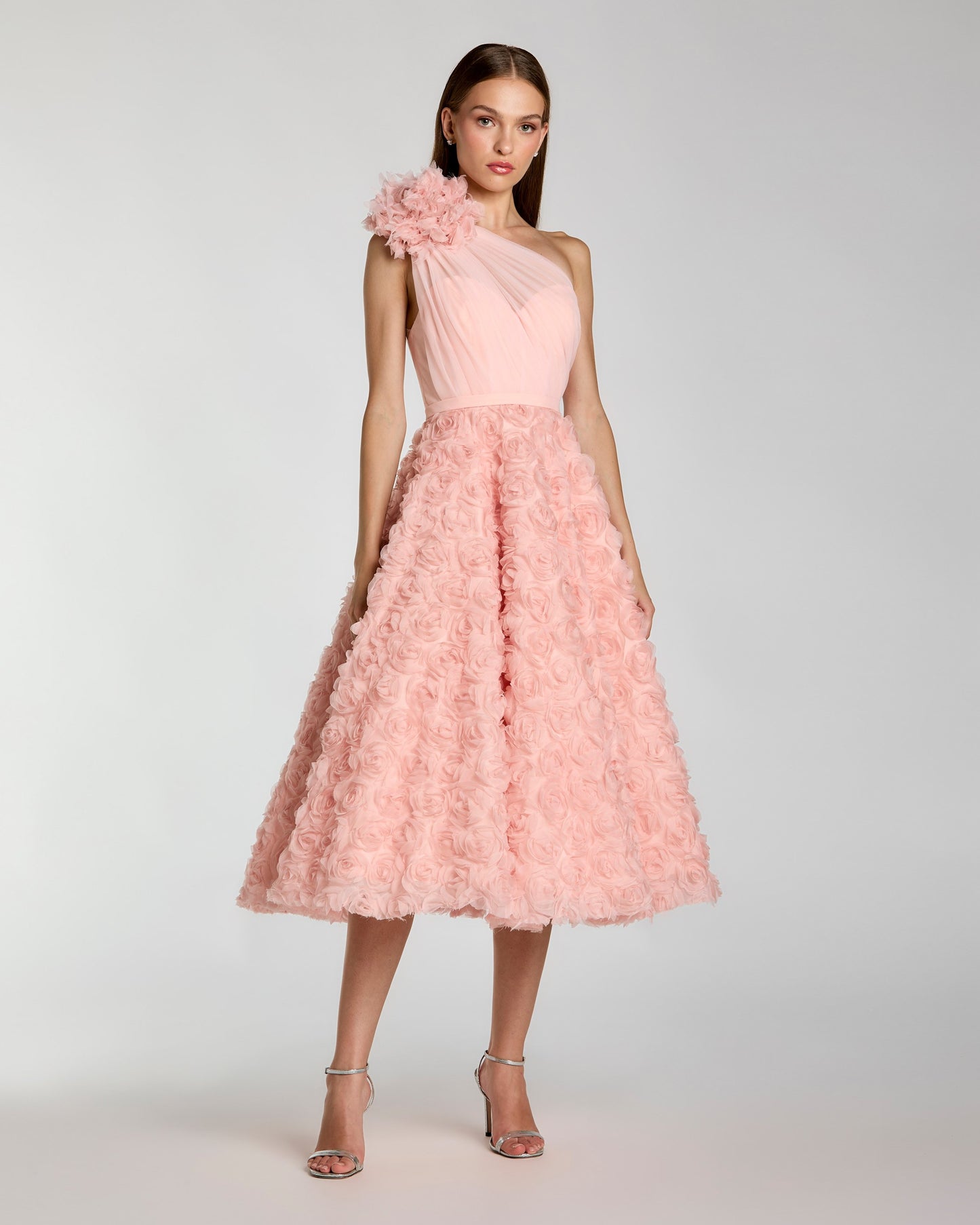 Pink One Shoulder 3D Floral Rosette Midi Dress | Mac Duggal Pink One Shoulder 3D Floral Rosette Midi Dress | Mac Duggal