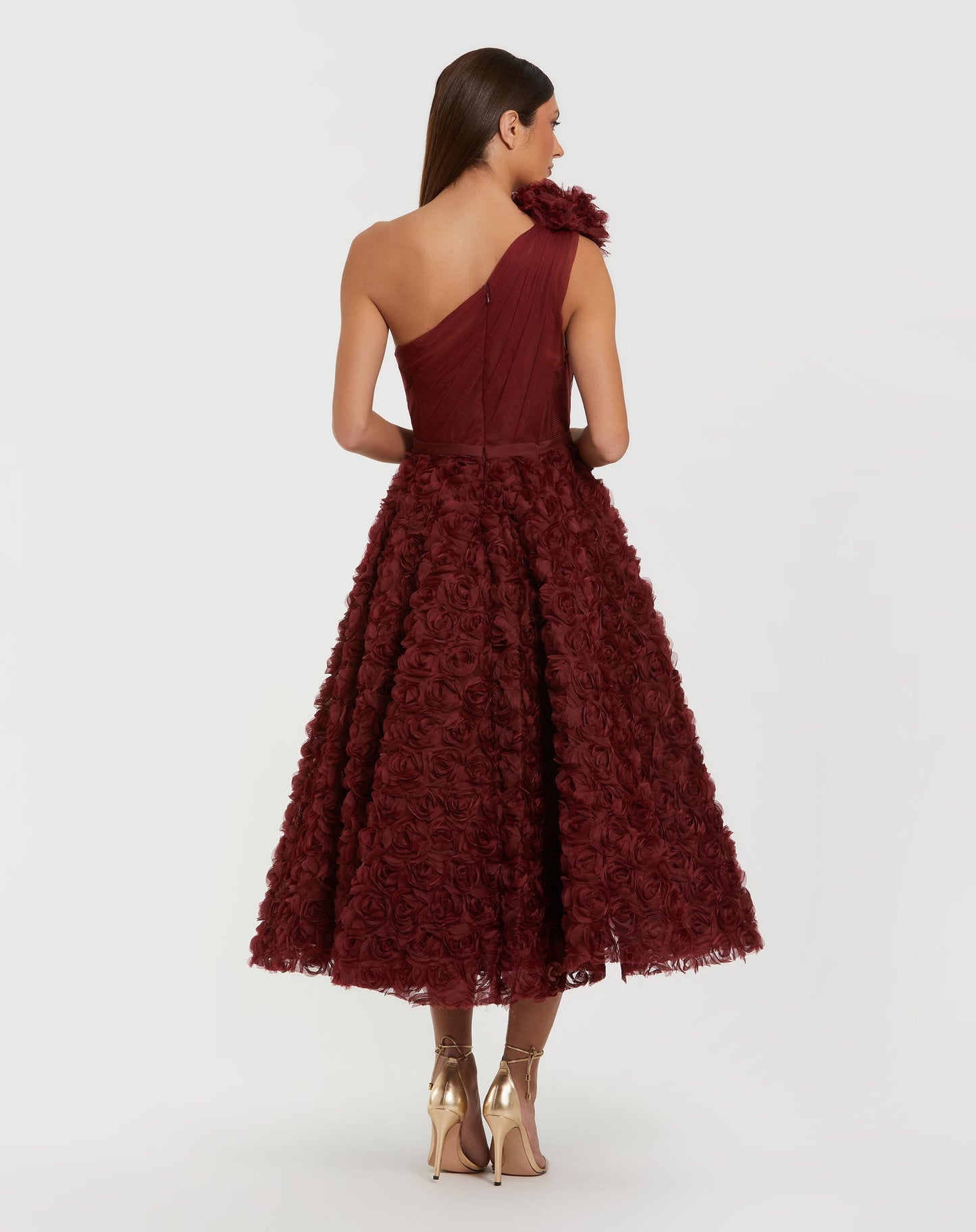 Red One Shoulder Rosette A Line Midi Dress with 3D Flower - Ieena for Mac Duggal