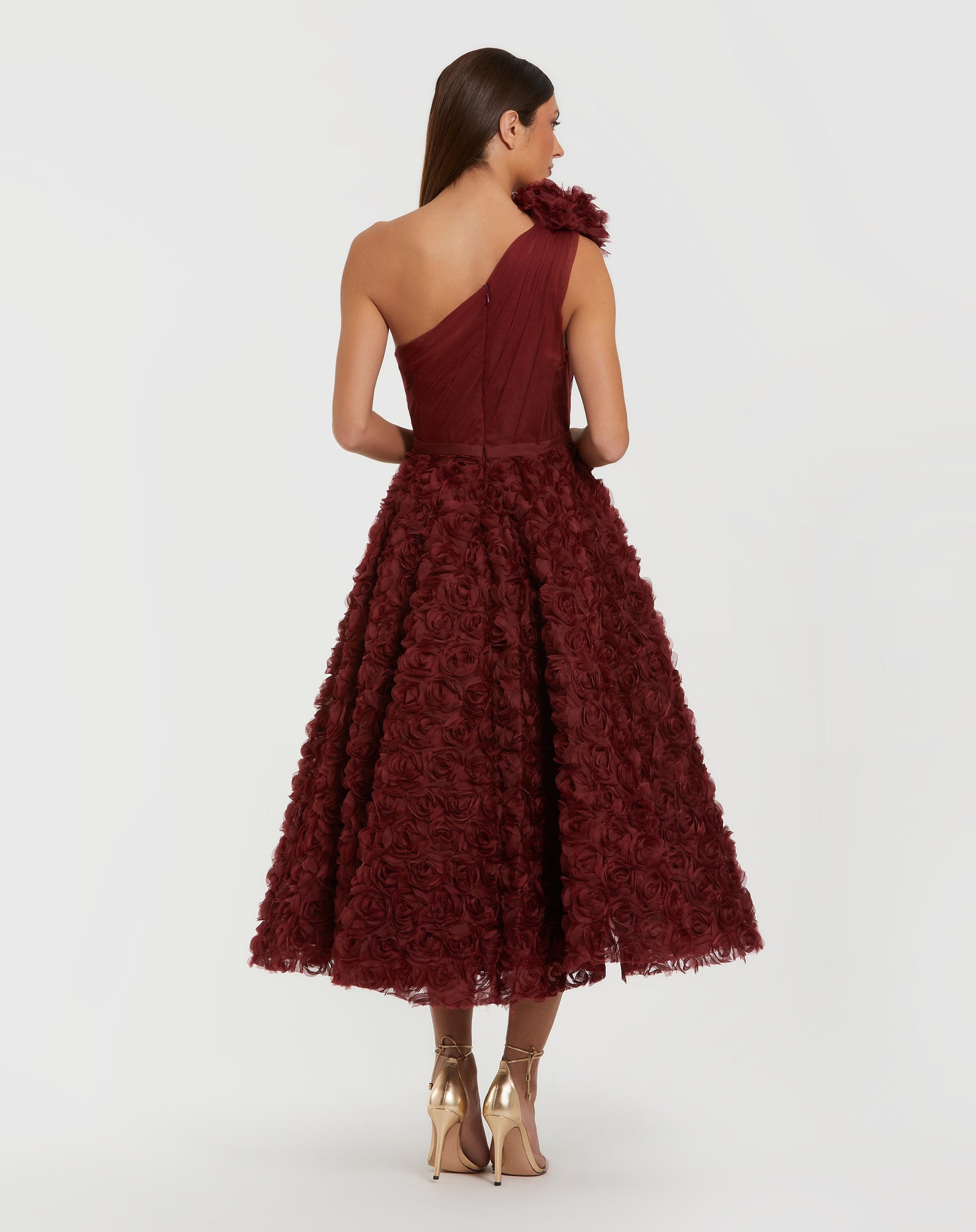 Red One Shoulder Rosette A Line Midi Dress with 3D Flower - Ieena for Mac Duggal